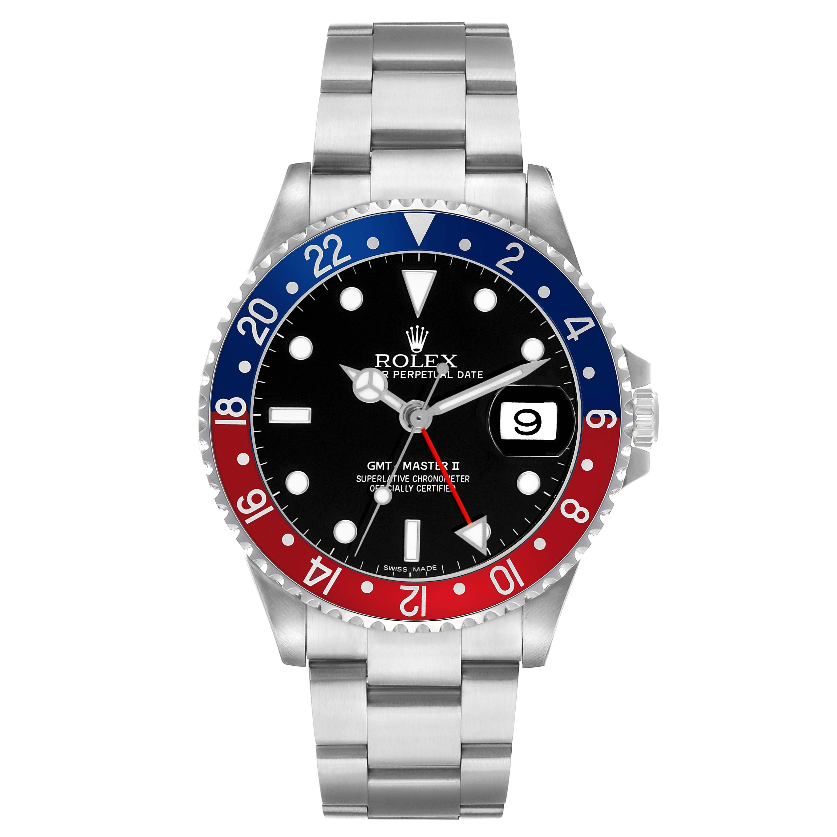 The image shows a frontal view of a Rolex GMT-Master 16710 Men's Stainless Steel Black Dial II watch, showcasing its dial, bezel, and bracelet.