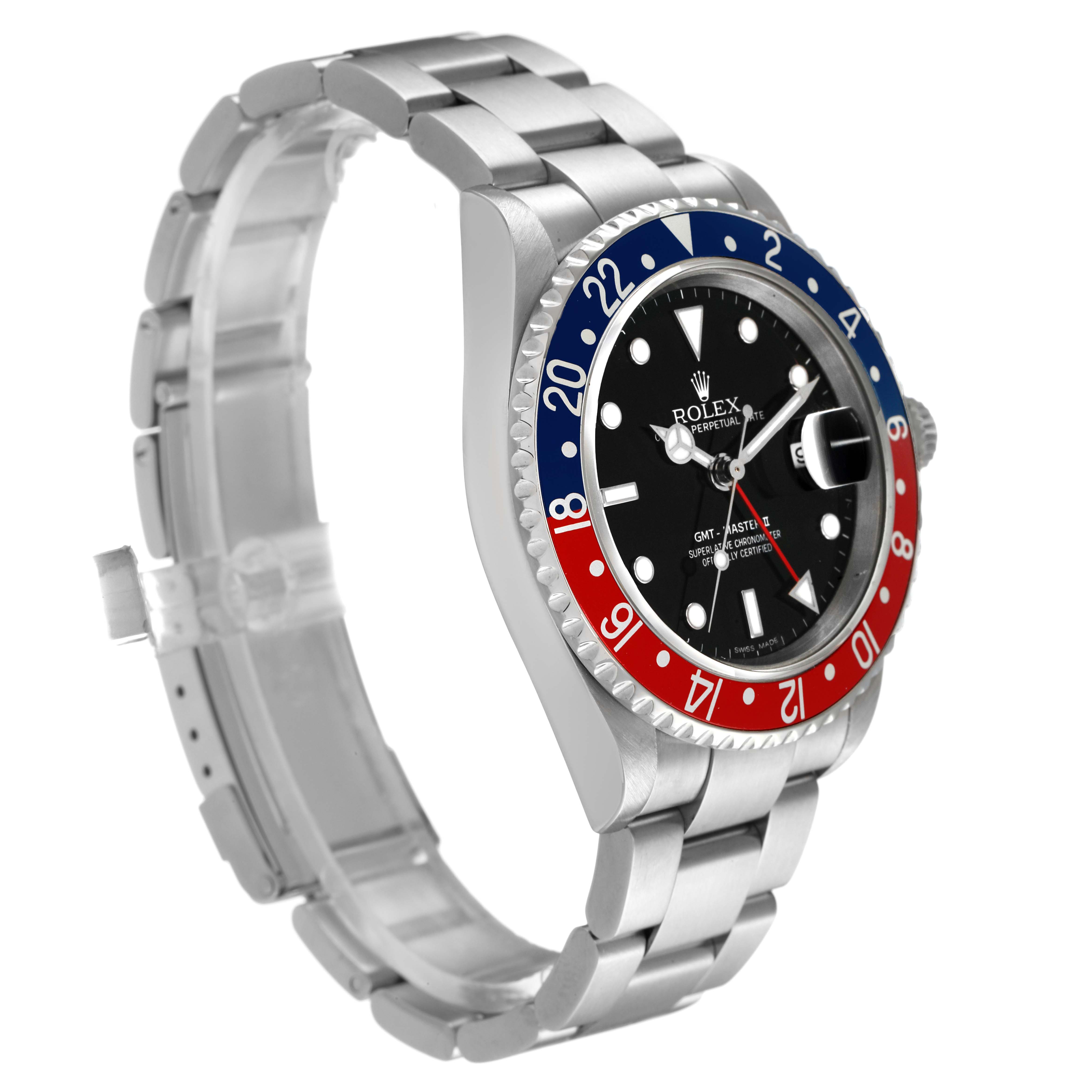 The Rolex GMT-Master 16710 Men's Stainless Steel Black Dial watch is shown at a side angle, highlighting the bezel, dial, and bracelet.