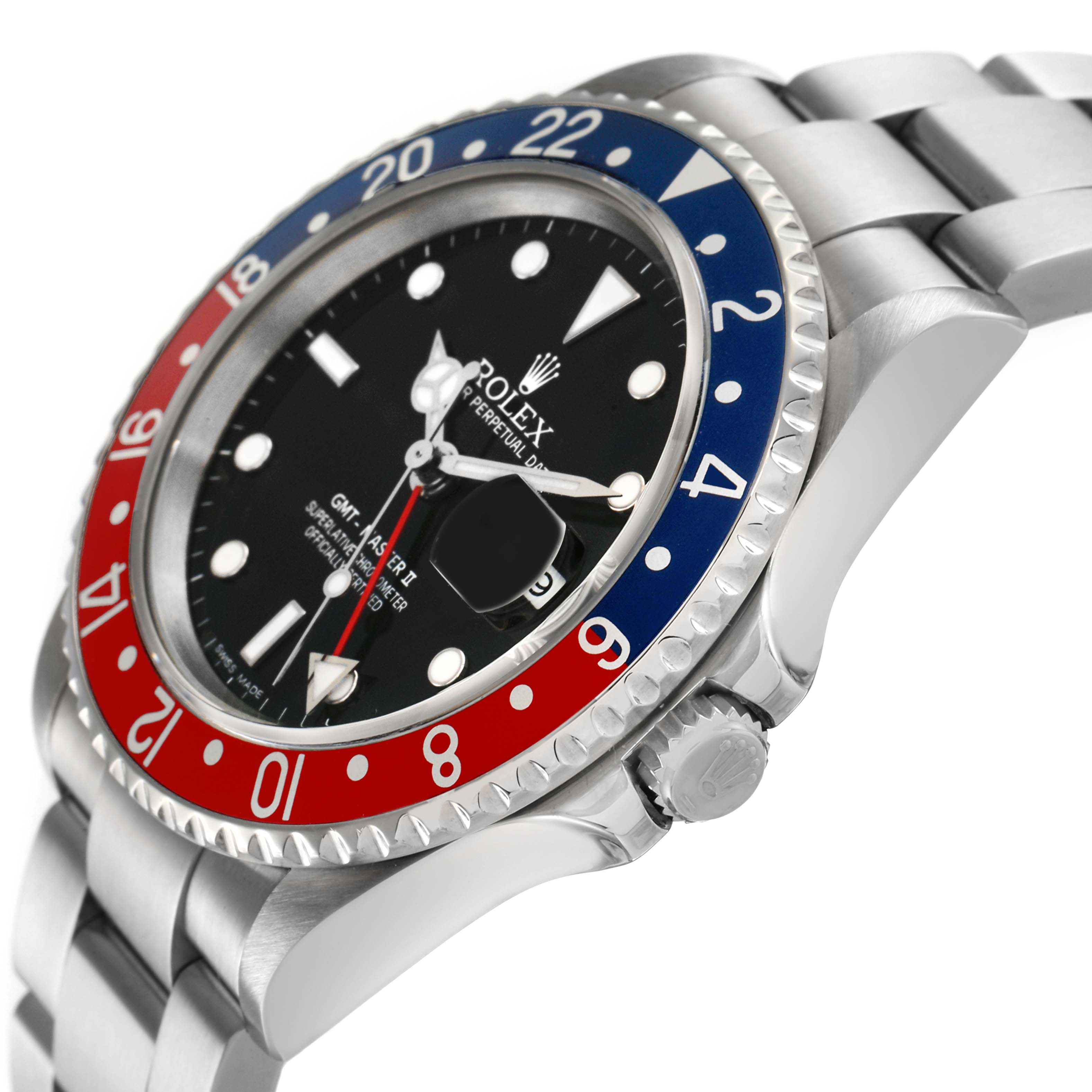 The Rolex GMT-Master 16710 Men's Stainless Steel Black Dial watch is shown at an angle highlighting its bezel, crown, and bracelet.