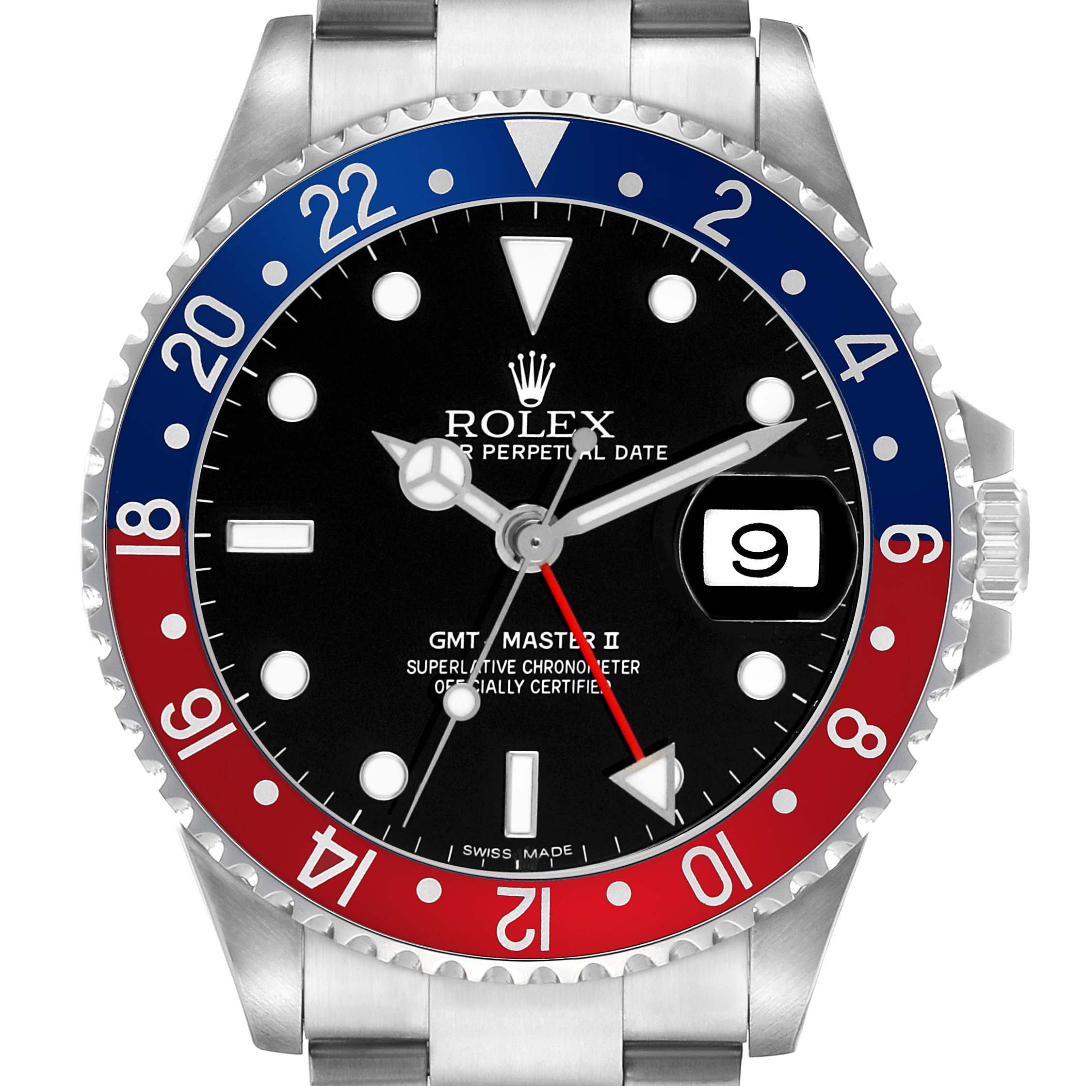 The Rolex GMT-Master 16710 Men's Stainless Steel Black Dial watch is shown from a frontal angle, displaying the dial, bezel, hands, and part of the bracelet.