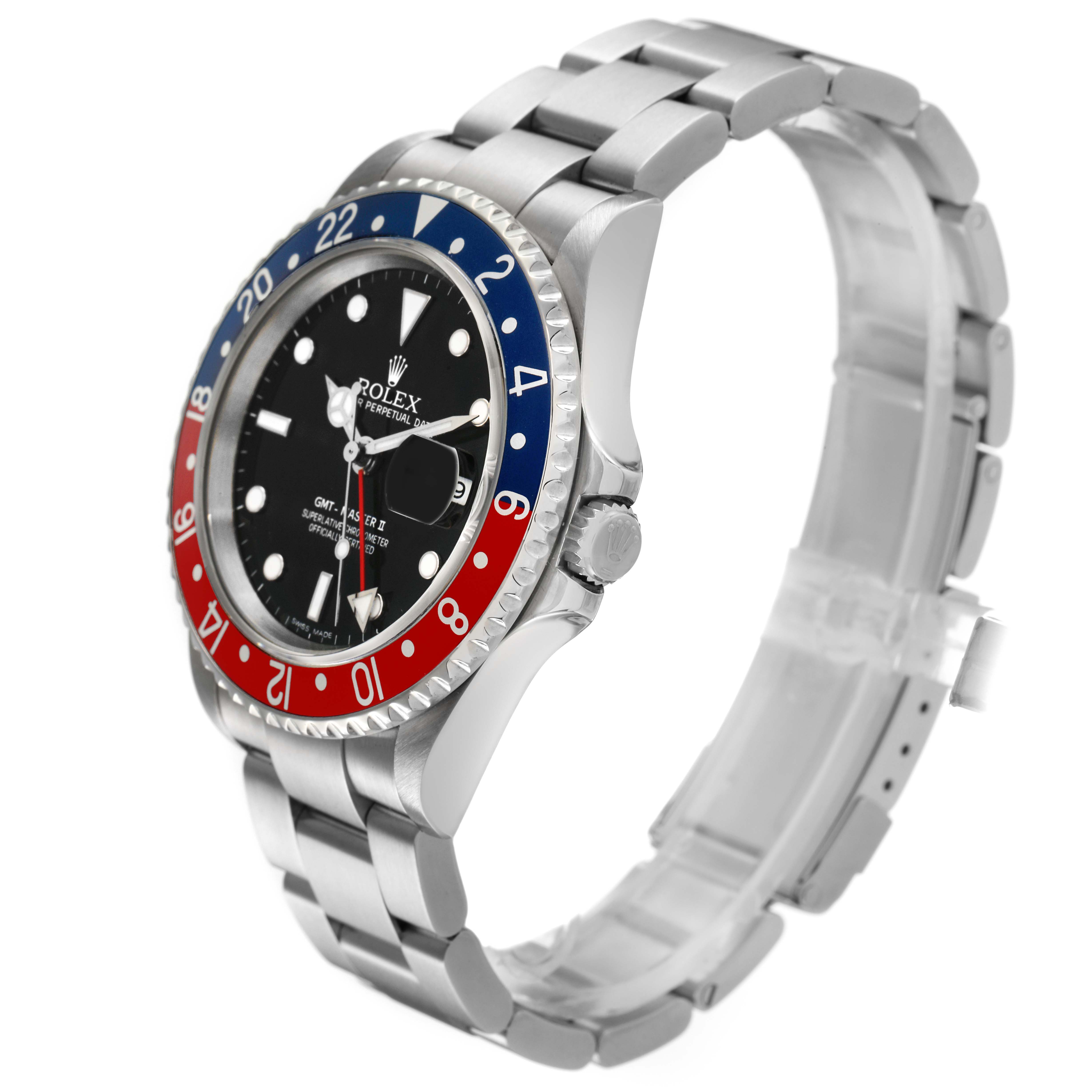 The Rolex GMT-Master 16710 Men's Stainless Steel Black Dial is shown at a three-quarter angle, displaying the bezel, face, crown, and bracelet prominently.