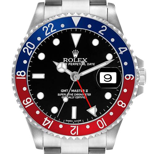 The Rolex GMT-Master 16710 Men's Stainless Steel Black Dial watch shows a front view with its dial, bezel, and part of the bracelet visible.
