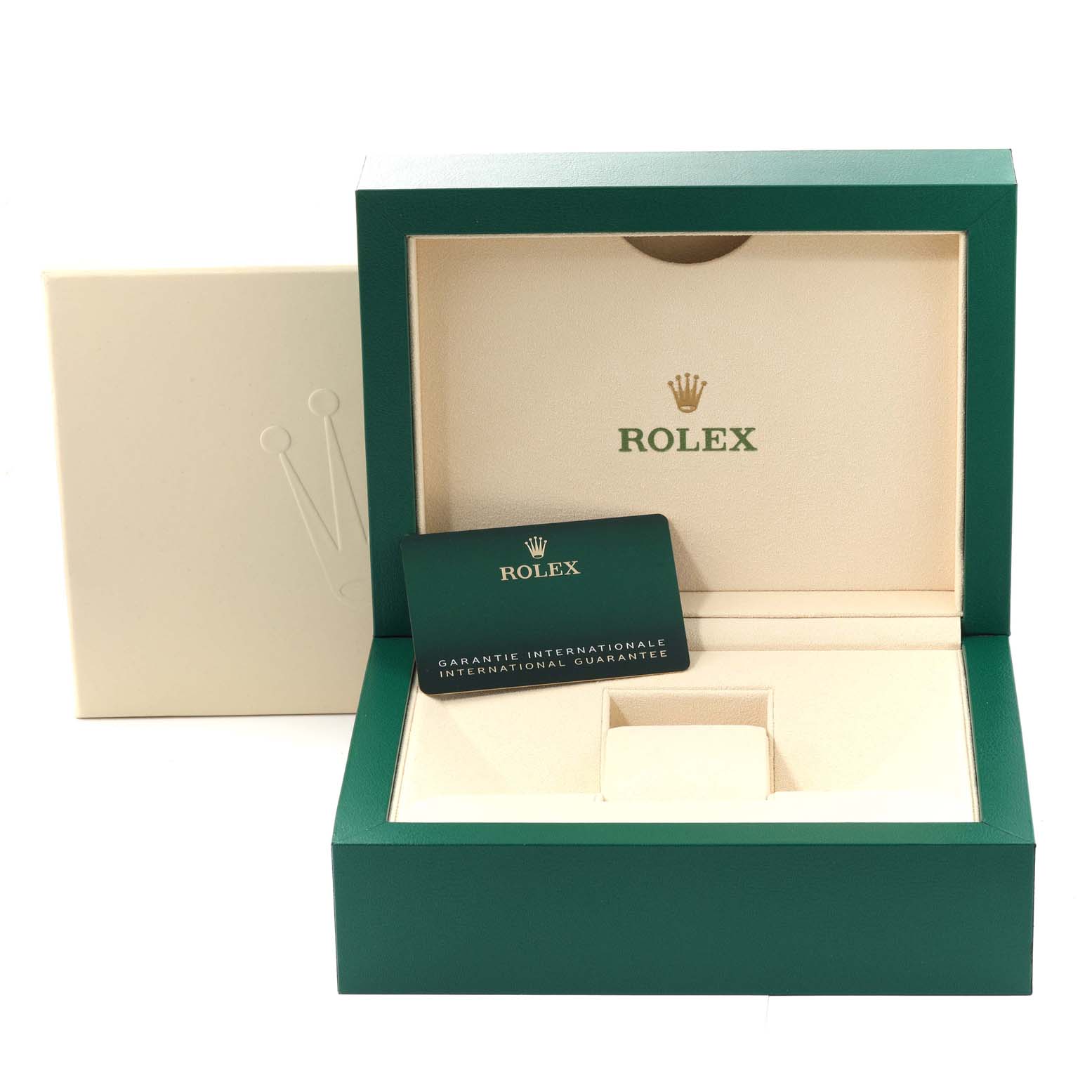 The image shows a Rolex GMT-Master 126713 Men's Steel and Gold (two tone) Black Dial 126713 Men's Steel and Gold (two tone) Black Dial box, warranty card, and packaging from a frontal angle.