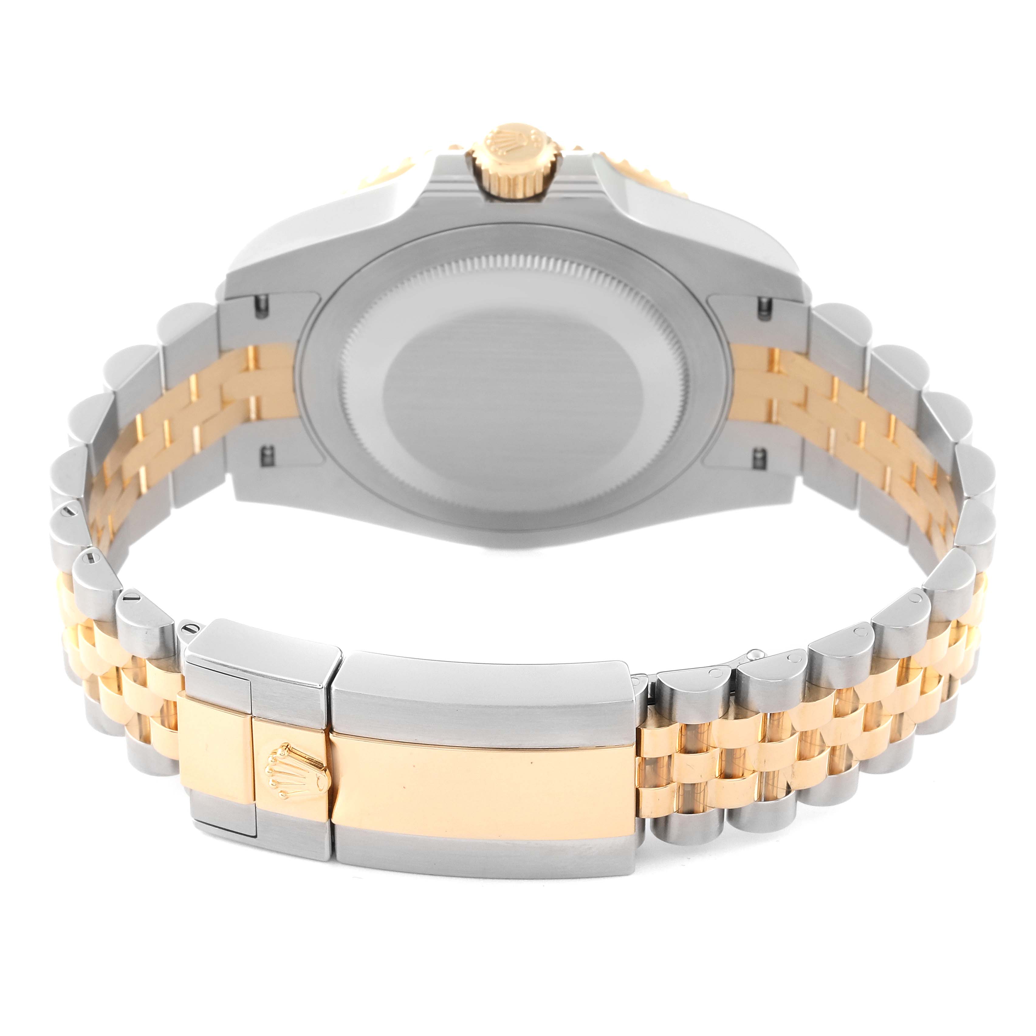 This Rolex GMT-Master 126713 Men's Steel and Gold (two tone) Black Dial 126713 Men's Steel and Gold (two tone) Black Dial watch is shown from the back, highlighting the case back and bi-metal bracelet with clasp.