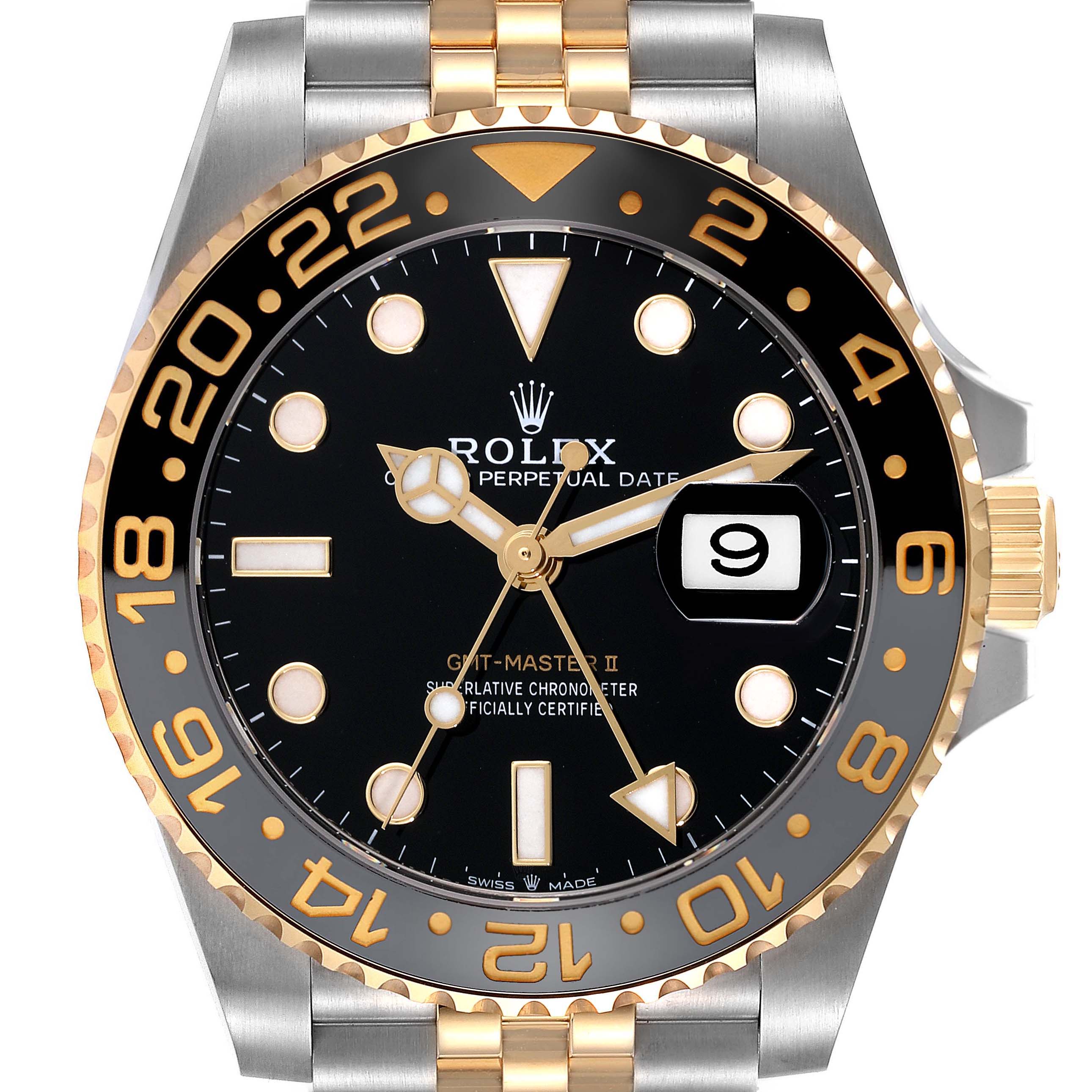 This image shows the front view of a Rolex GMT-Master 126713 Men's Steel and Gold (two tone) Black Dial 126713 Men's Steel and Gold (two tone) Black Dial II watch, highlighting the dial, bezel, and part of the bracelet.