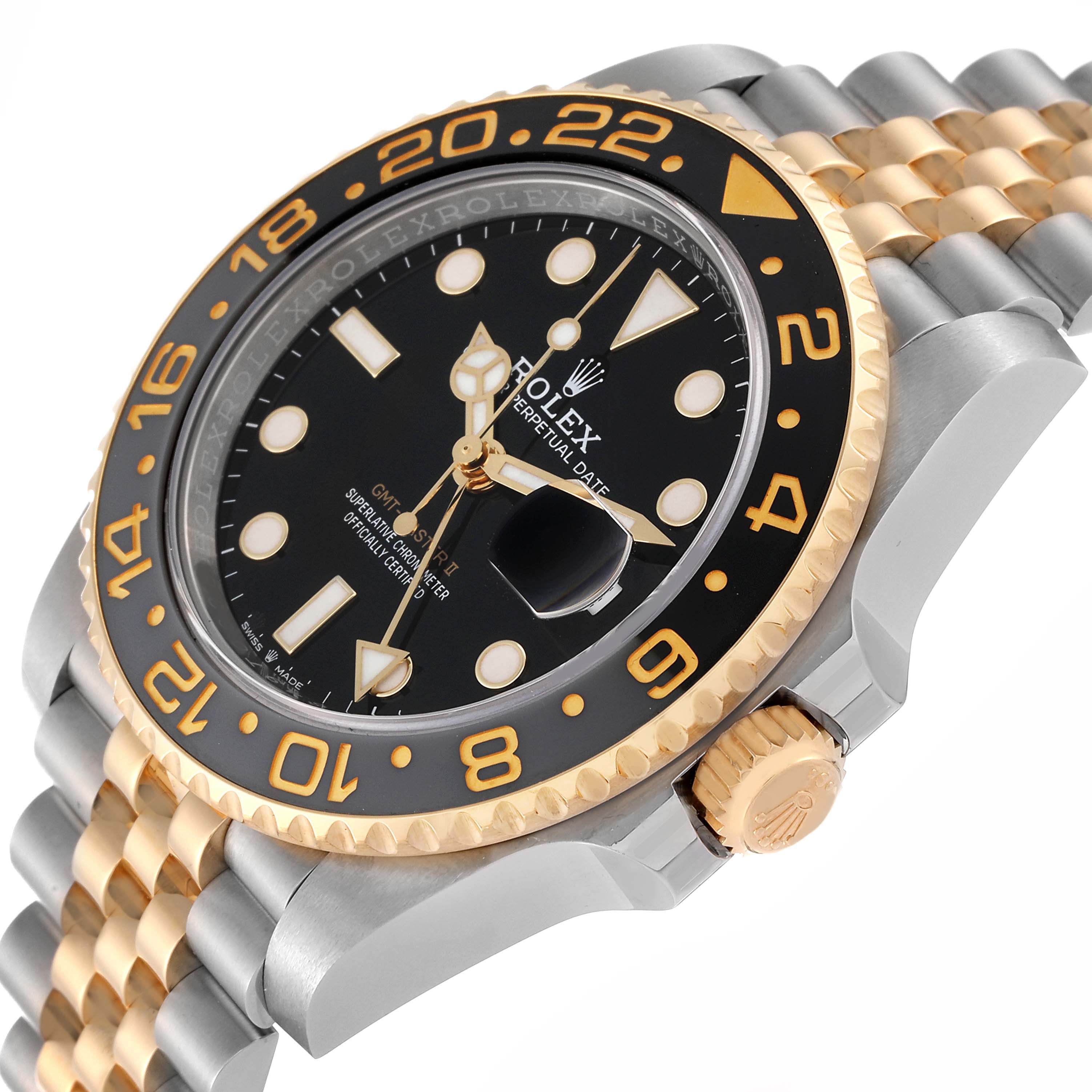 The image shows the Rolex GMT-Master 126713 Men's Steel and Gold (two tone) Black Dial 126713 Men's Steel and Gold (two tone) Black Dial watch at an angled close-up, highlighting the bezel, dial, crown, and part of the bracelet.