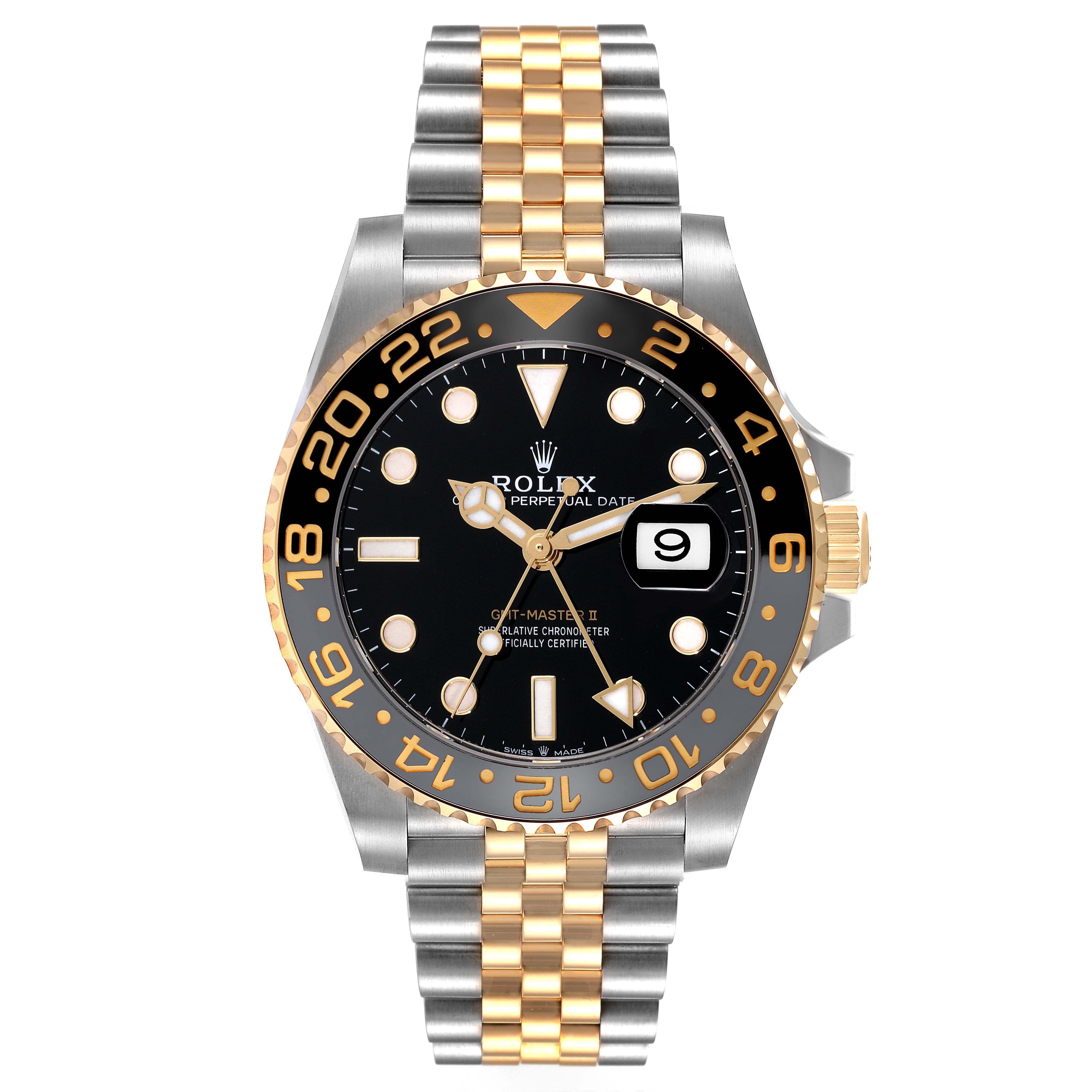 The image shows a frontal view of a Rolex GMT-Master 126713 Men's Steel and Gold (two tone) Black Dial 126713 Men's Steel and Gold (two tone) Black Dial II watch, highlighting its two-tone bracelet, black bezel, and dial.