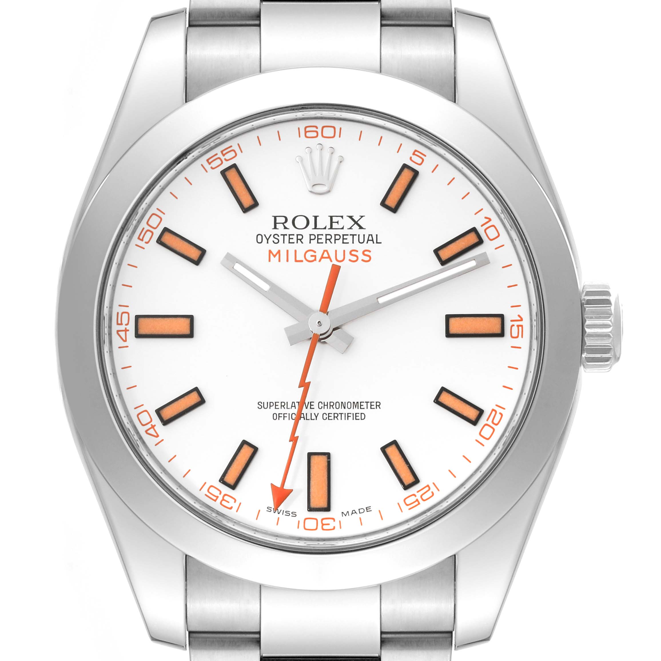 The image shows the front view of a Rolex Milgauss 116400 Men's Stainless Steel White Dial 116400 Men's Stainless Steel White Dial watch, highlighting the white dial, orange markers, and lightning bolt second hand.