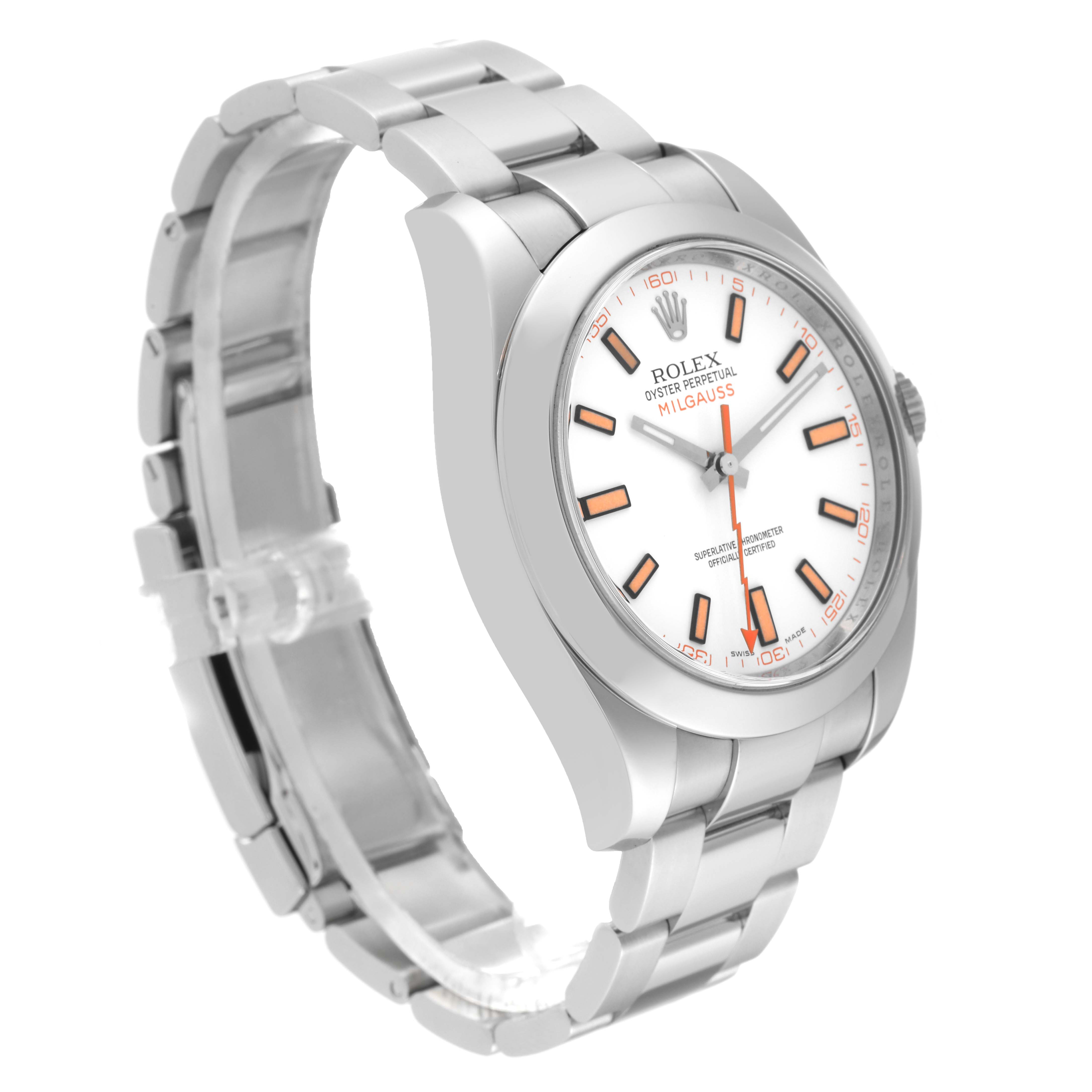 The Rolex Milgauss 116400 Men's Stainless Steel White Dial 116400 Men's Stainless Steel White Dial watch is shown from a right-side angle, displaying its bracelet, dial, and bezel.
