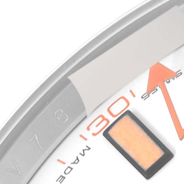 This image shows a close-up of the dial and second hand of a Rolex Milgauss 116400 Men's Stainless Steel White Dial 116400 Men's Stainless Steel White Dial watch.