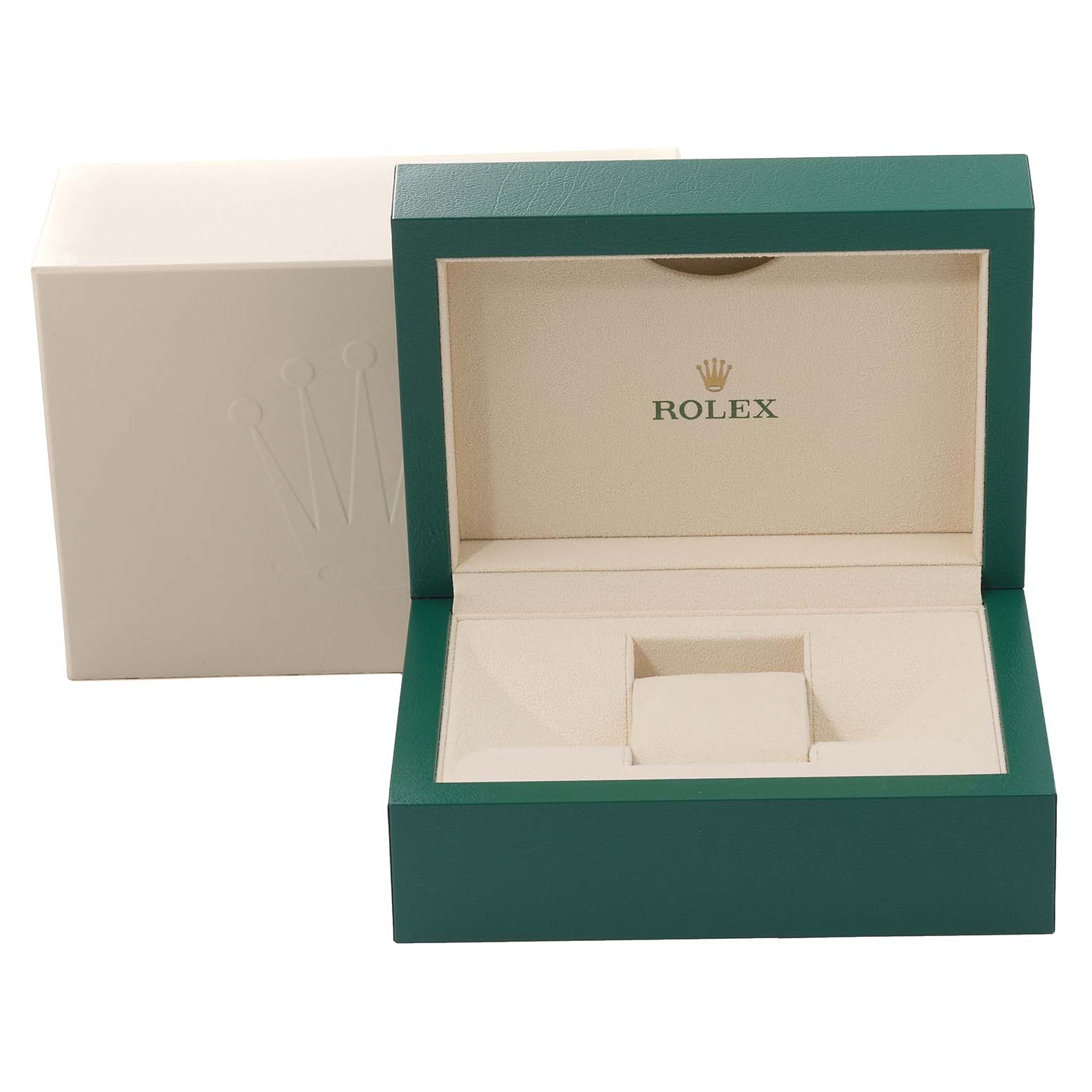 This image shows the open box for a Rolex Milgauss 116400 Men's Stainless Steel White Dial 116400 Men's Stainless Steel White Dial watch, displaying the brand's logo inside.