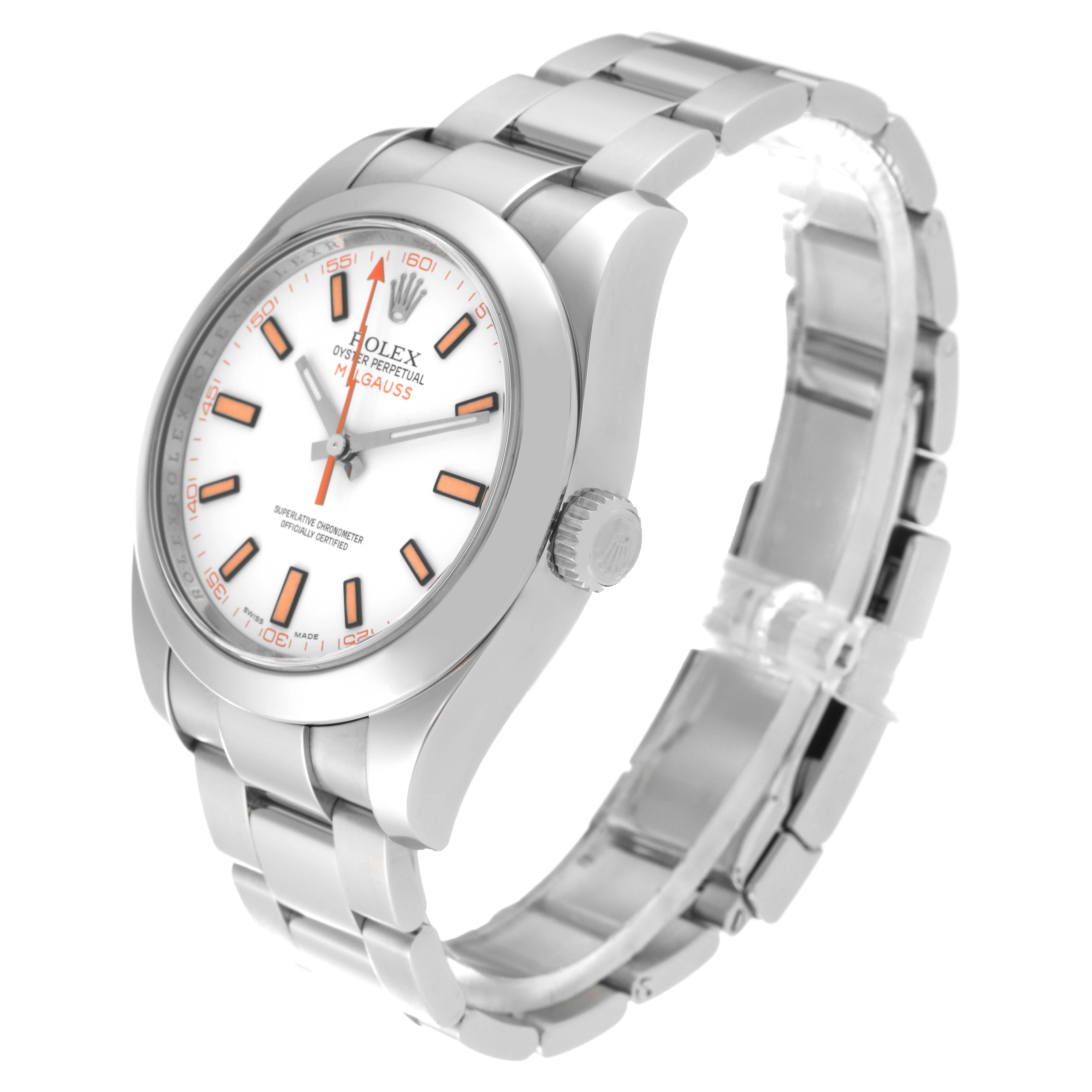 The Rolex Milgauss 116400 Men's Stainless Steel White Dial 116400 Men's Stainless Steel White Dial watch is shown at a slight angle, highlighting the face, bezel, side crown, and stainless steel bracelet.