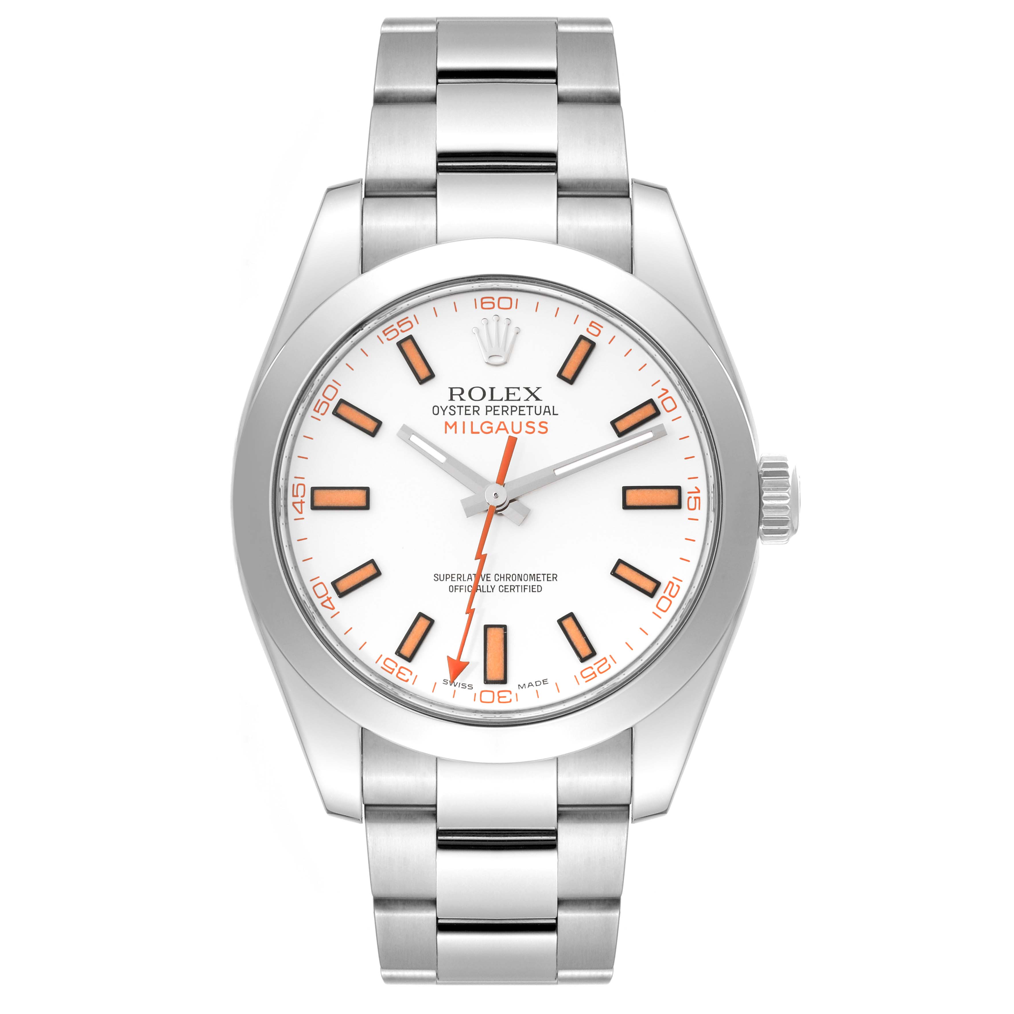 This image shows a Rolex Milgauss 116400 Men's Stainless Steel White Dial 116400 Men's Stainless Steel White Dial watch from a front angle, displaying its white dial, orange markers, and stainless steel bracelet.