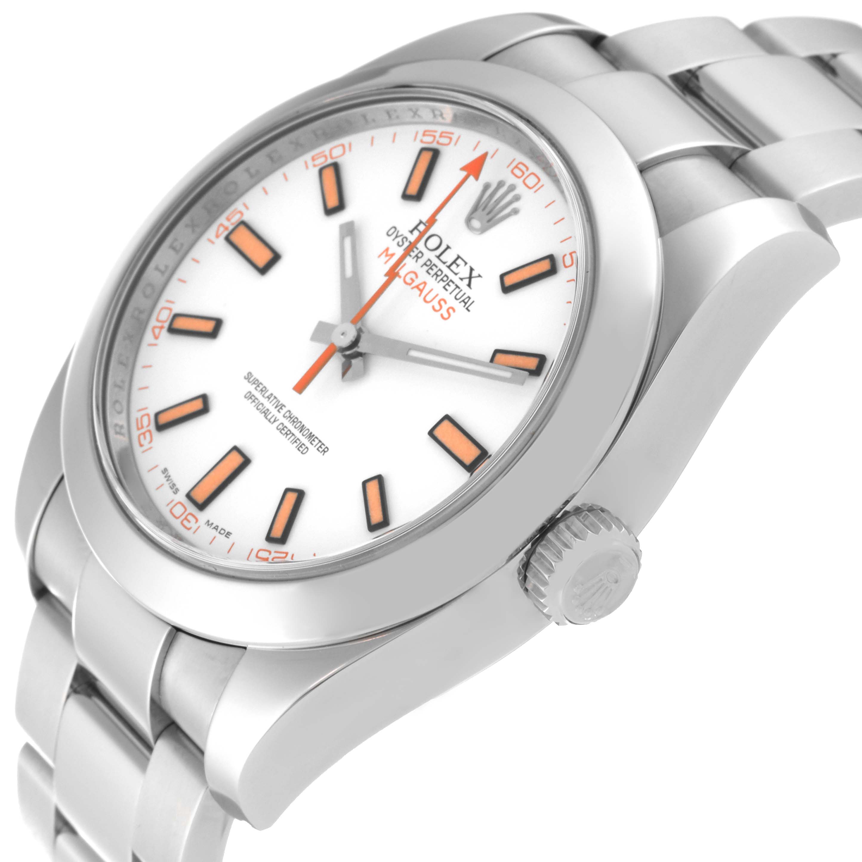 The image shows a side angle of the Rolex Milgauss 116400 Men's Stainless Steel White Dial 116400 Men's Stainless Steel White Dial watch, highlighting the face, bezel, crown, and part of the bracelet.
