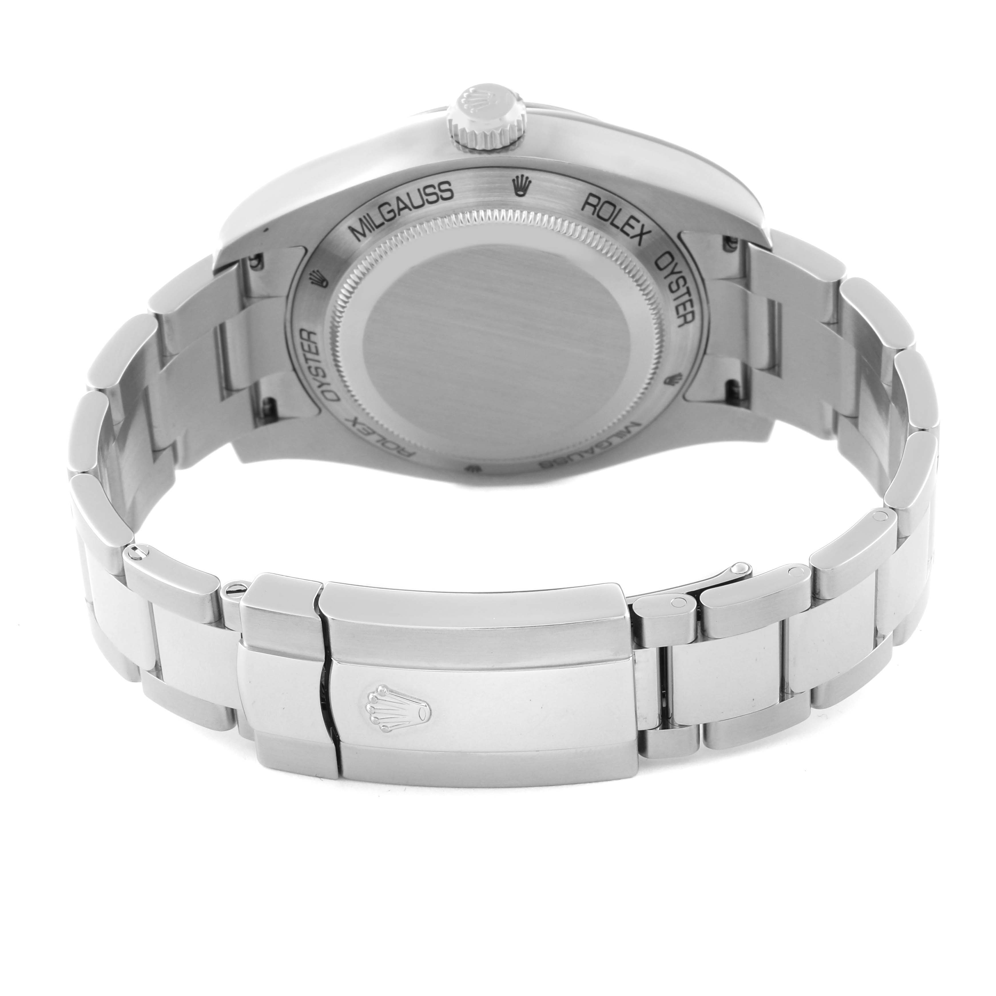 The image shows the back and bracelet of a Rolex Milgauss 116400 Men's Stainless Steel White Dial 116400 Men's Stainless Steel White Dial watch from a rear angle.