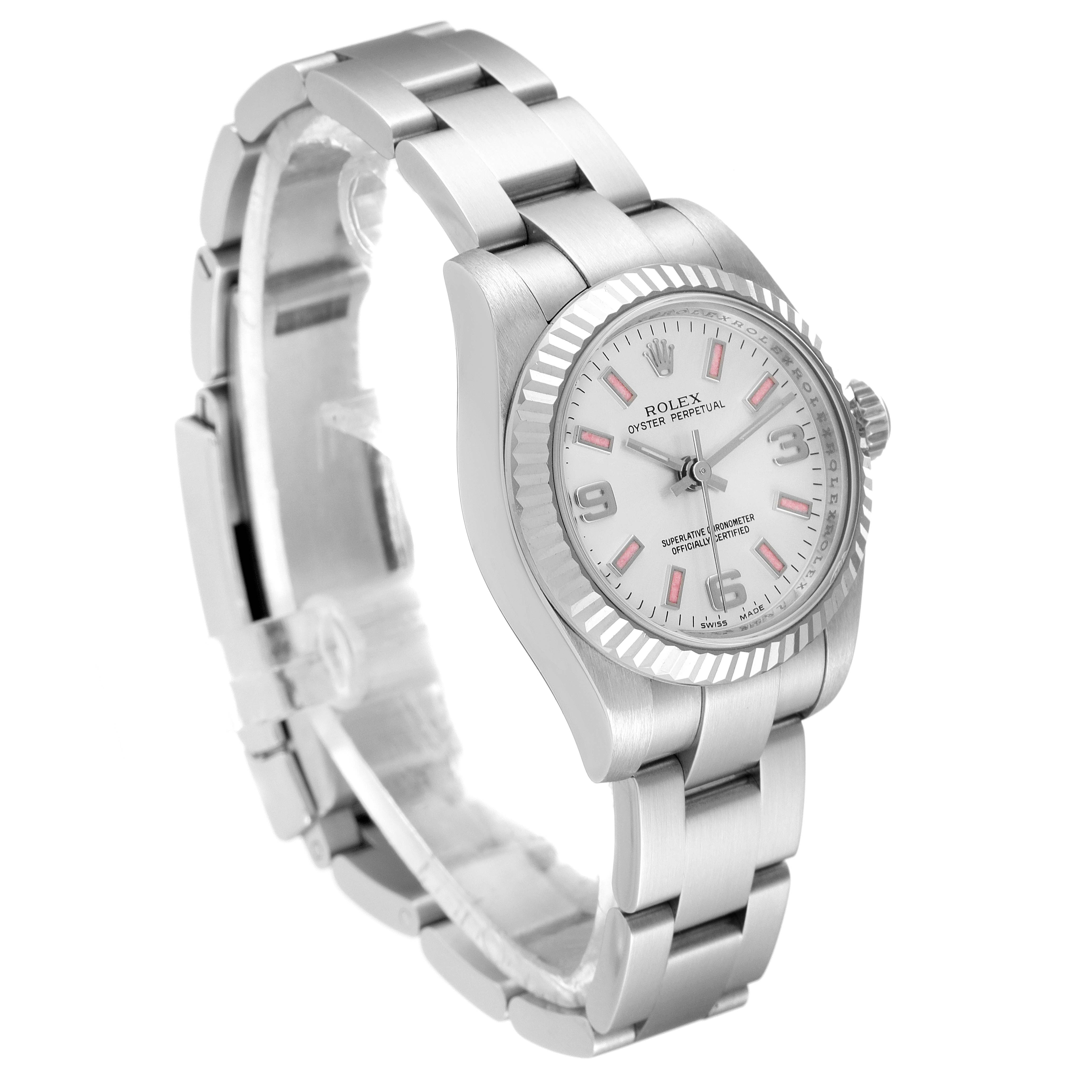 The image shows a silver Rolex Oyster Perpetual 176234 Women's Stainless Steel Silver Dial 176234 Women's Stainless Steel Silver Dial watch angled to display its face, bezel, and part of its bracelet.