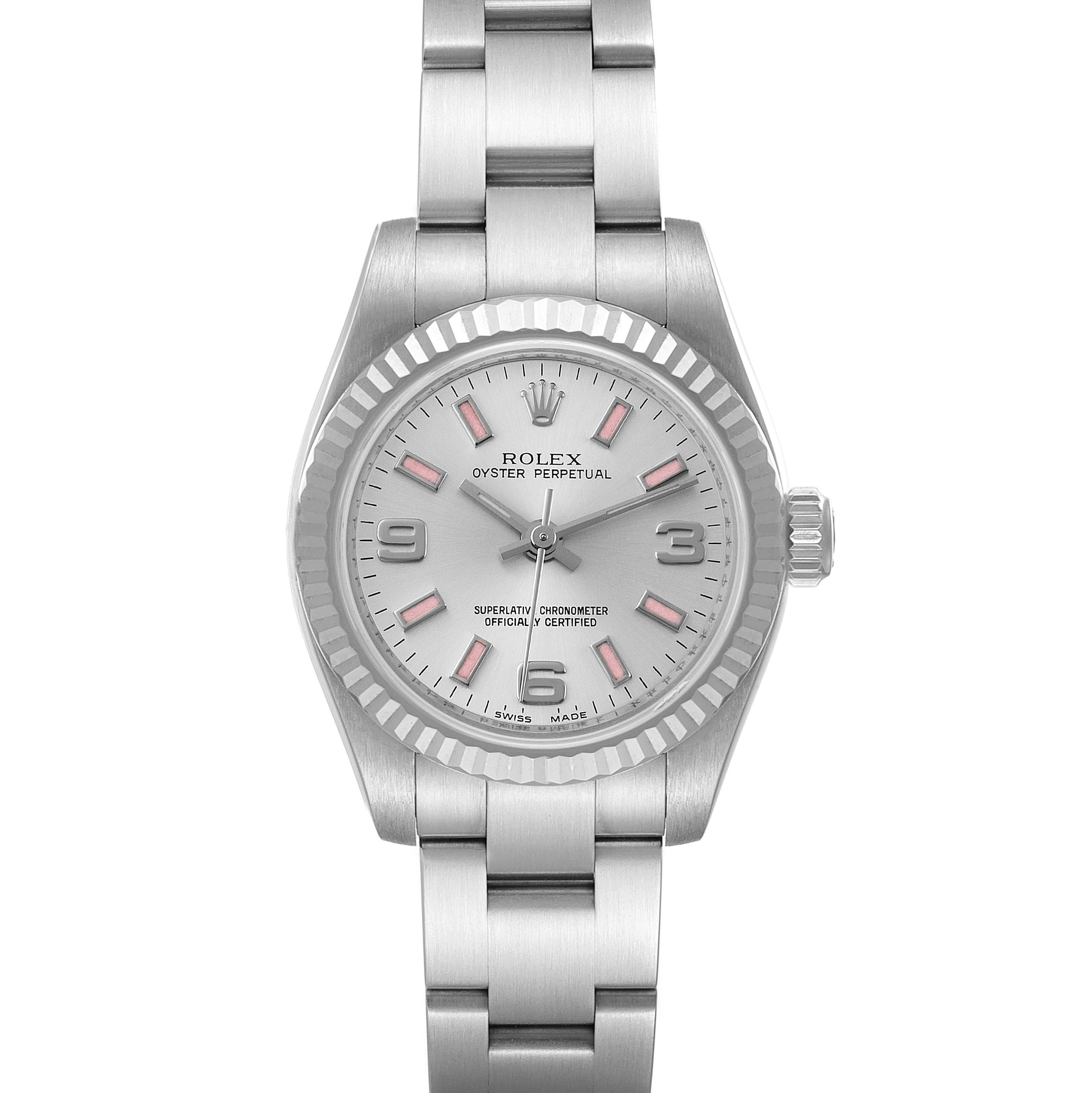 This image shows the front view of a Rolex Oyster Perpetual 176234 Women's Stainless Steel Silver Dial 176234 Women's Stainless Steel Silver Dial watch, including the dial, hands, bracelet, and crown.