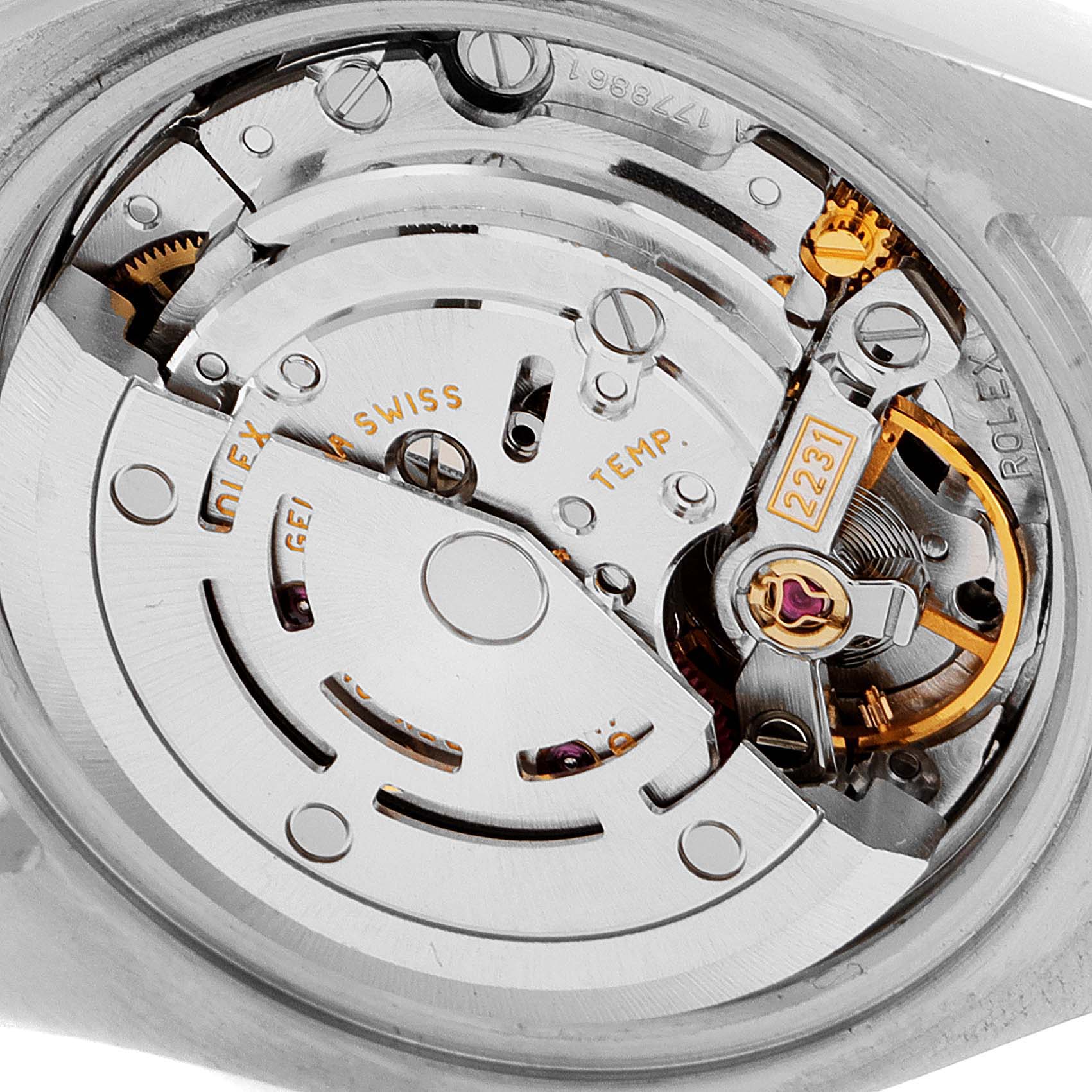 This image shows a close-up view of the internal mechanical movement of the Rolex Oyster Perpetual 176234 Women's Stainless Steel Silver Dial 176234 Women's Stainless Steel Silver Dial watch.