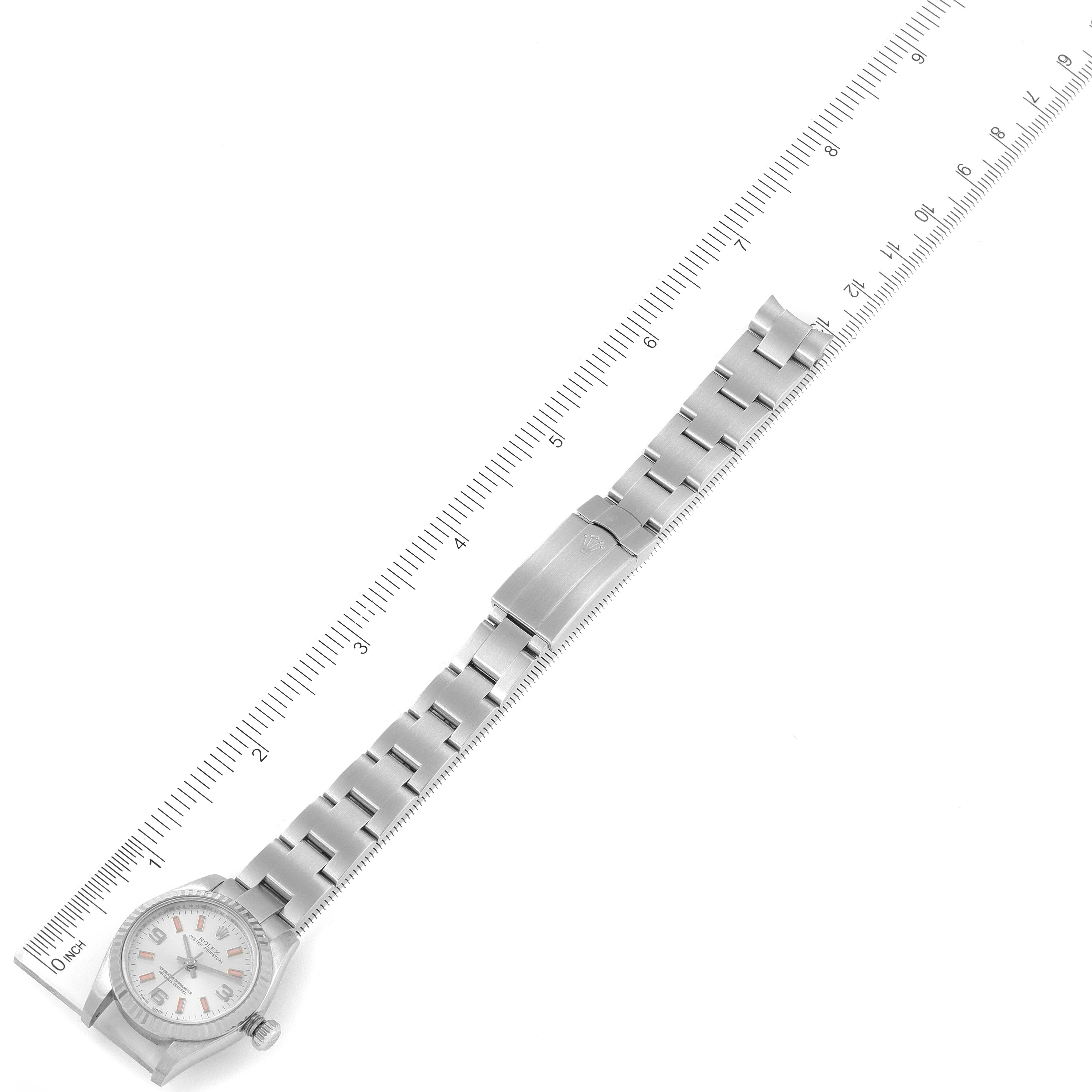 The image shows a Rolex Oyster Perpetual 176234 Women's Stainless Steel Silver Dial 176234 Women's Stainless Steel Silver Dial watch laid flat with the face, strap, and clasp visible, next to a ruler for measurement.