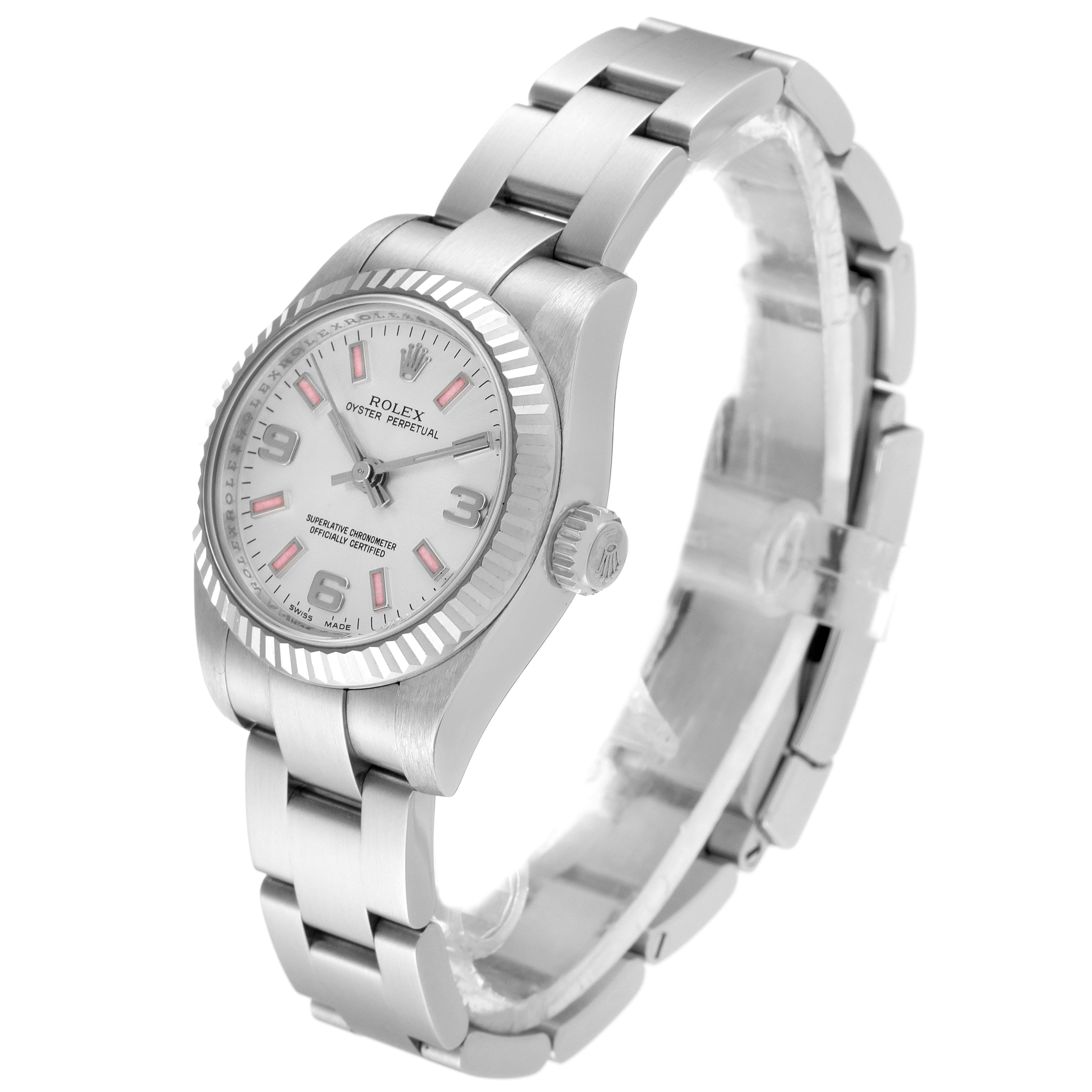 The image shows a Rolex Oyster Perpetual 176234 Women's Stainless Steel Silver Dial 176234 Women's Stainless Steel Silver Dial watch from a three-quarter angle, highlighting its face, bezel, crown, and bracelet.