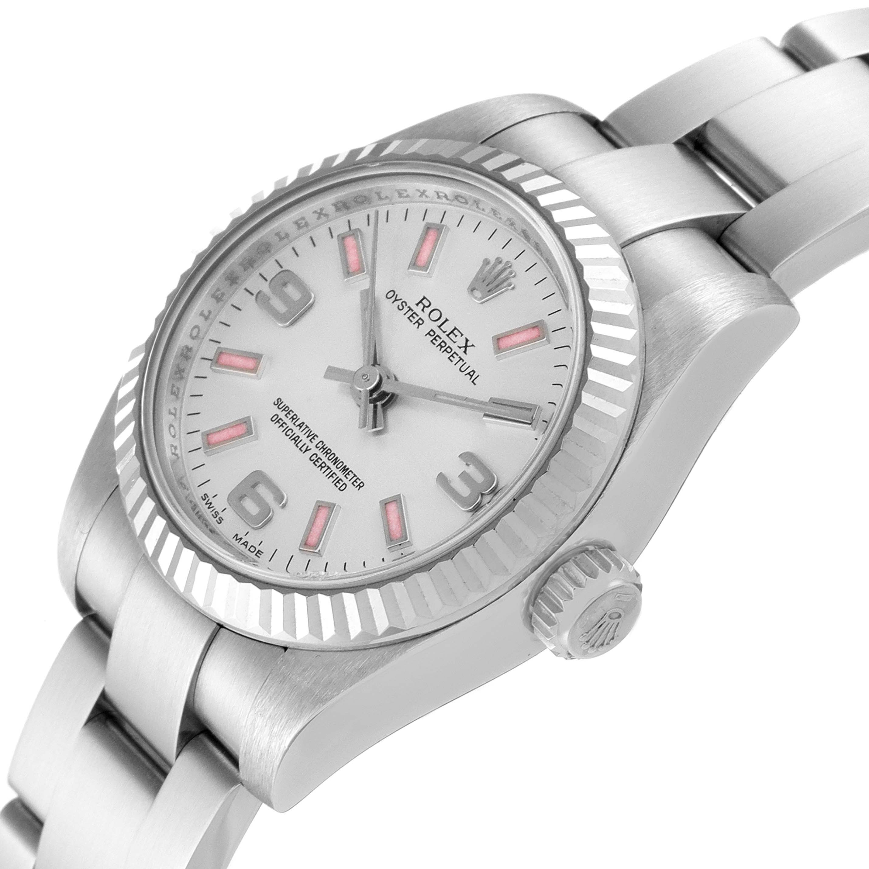 This image shows a Rolex Oyster Perpetual 176234 Women's Stainless Steel Silver Dial 176234 Women's Stainless Steel Silver Dial watch from an angled top view, highlighting the dial, bezel, and part of the bracelet.