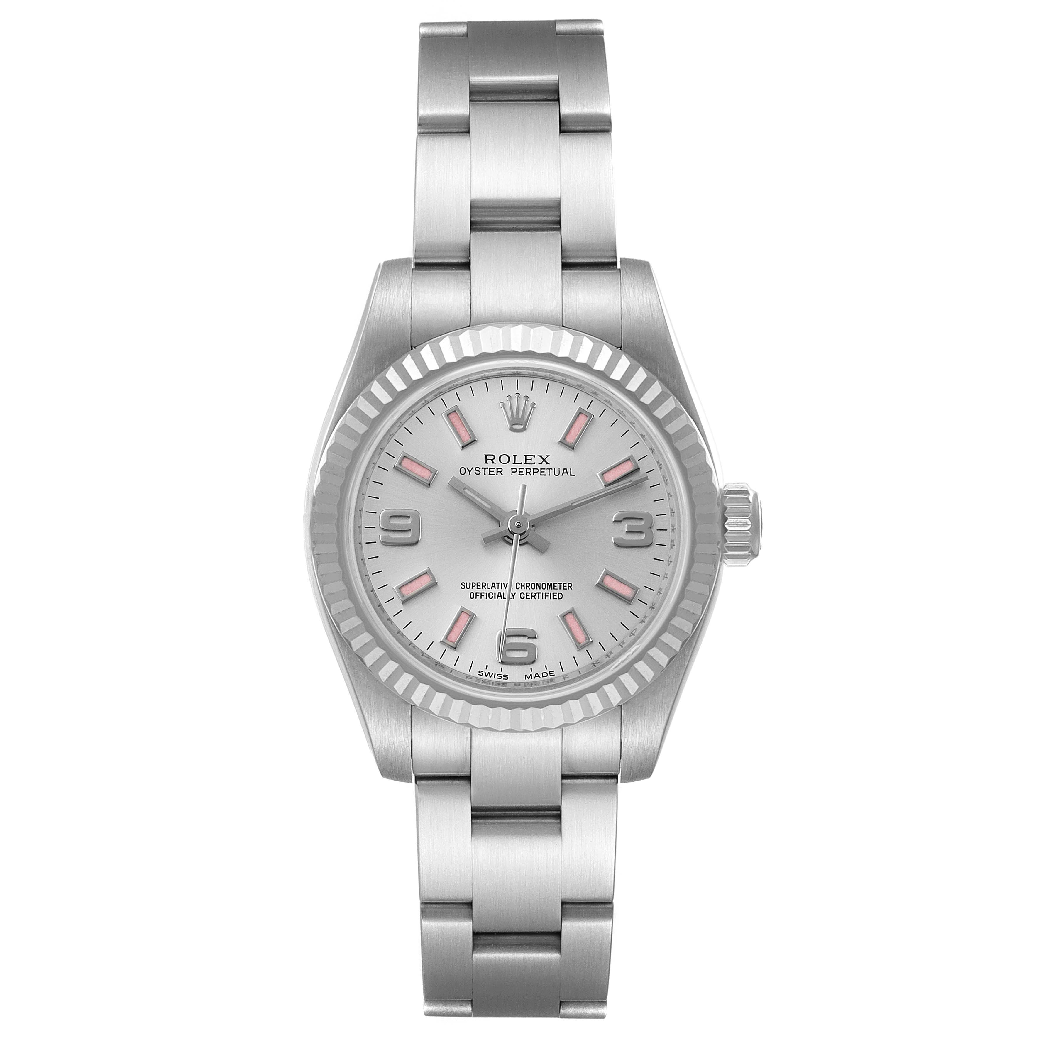 The image shows a front view of a Rolex Oyster Perpetual 176234 Women's Stainless Steel Silver Dial 176234 Women's Stainless Steel Silver Dial watch, displaying the face, bezel, and bracelet.