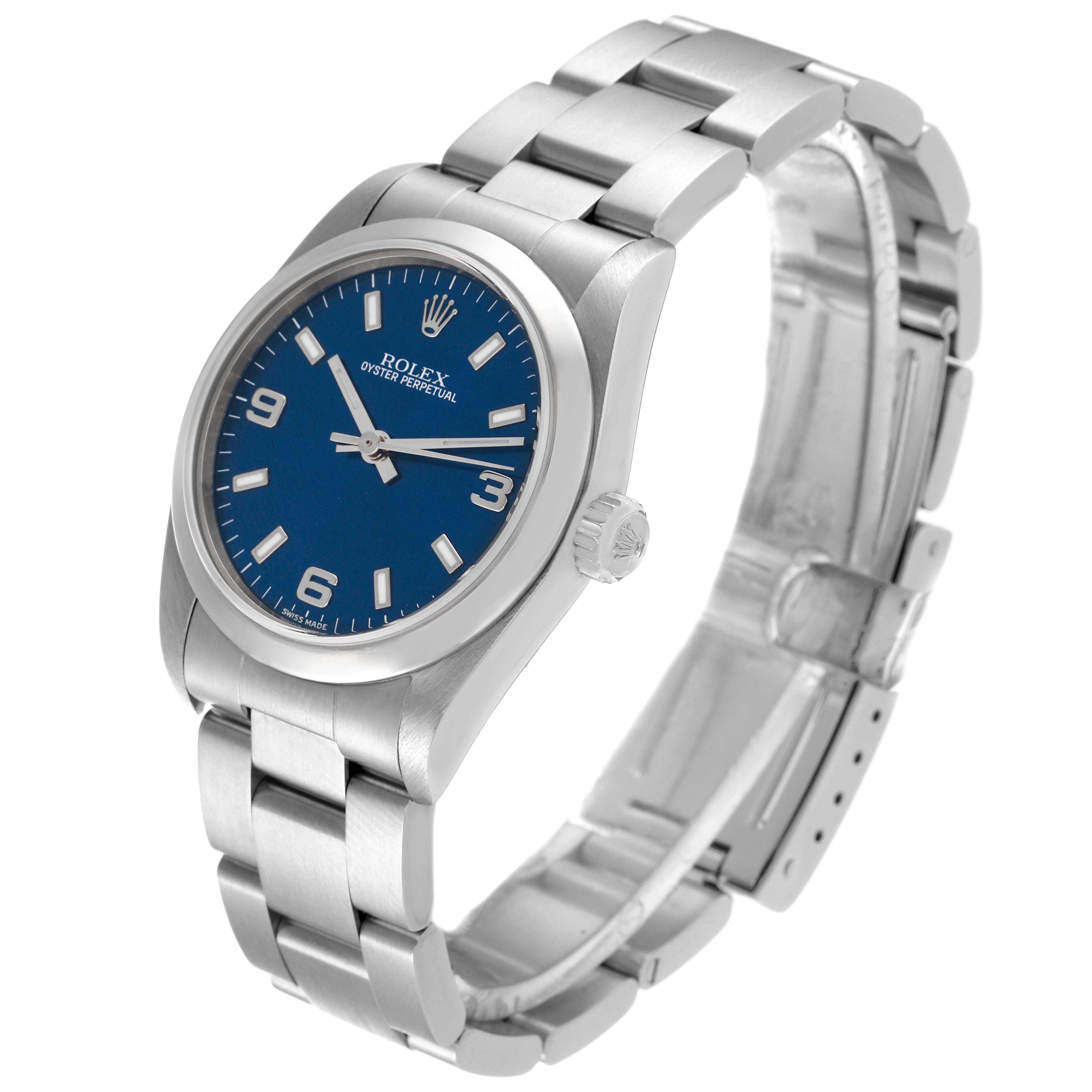 This is a Rolex Mid-Size 77080 Women's Stainless Steel Blue Dial 77080 Women's Stainless Steel Blue Dial model shown from a three-quarter angle, displaying the watch face, crown, and bracelet.