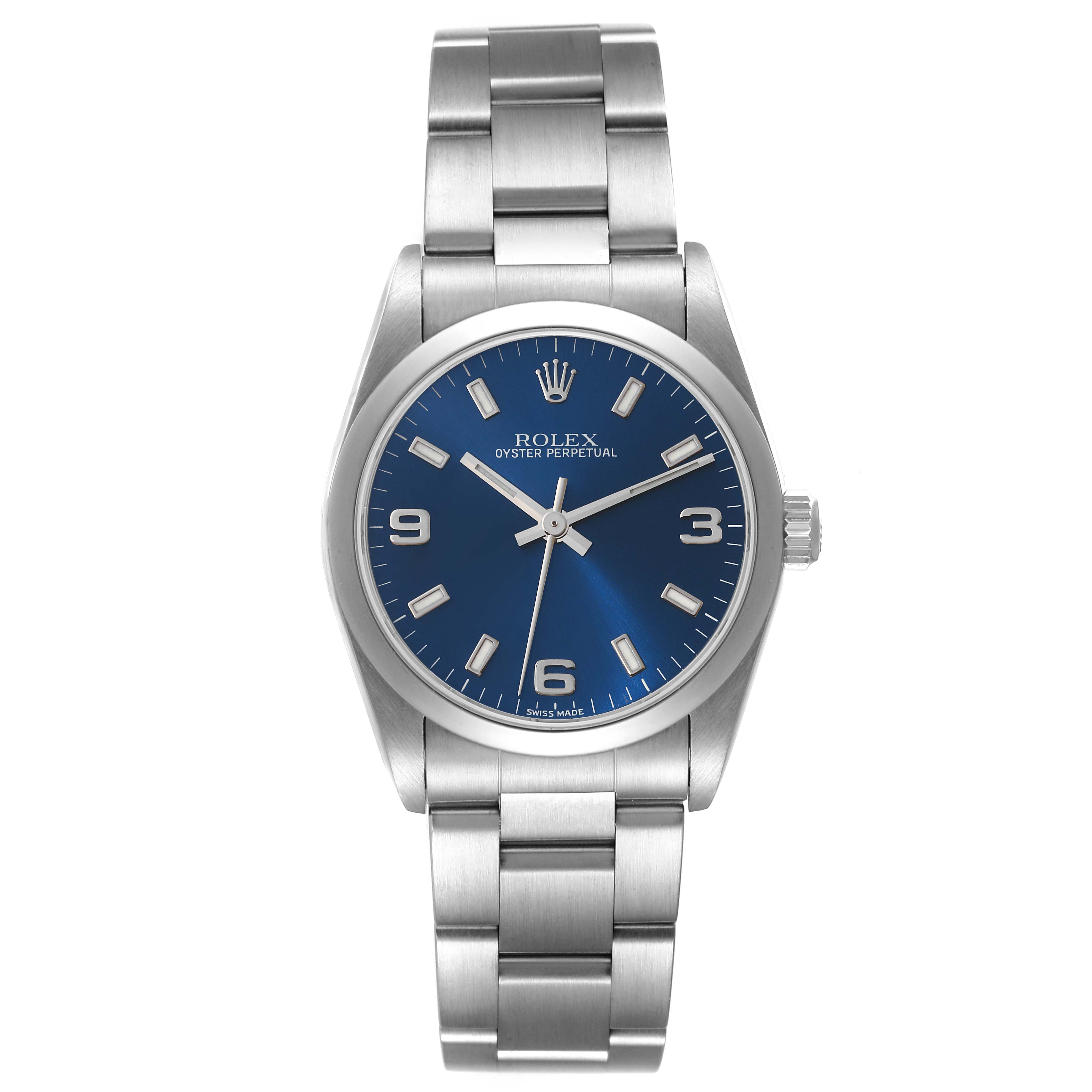 The Rolex Mid-Size 77080 Women's Stainless Steel Blue Dial 77080 Women's Stainless Steel Blue Dial Oyster Perpetual watch is shown from a top-down angle, displaying its blue dial, hour markers, hands, and stainless steel bracelet.