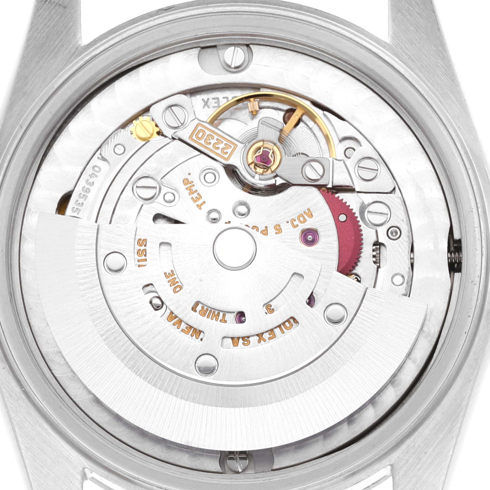 The image shows the internal mechanism of a Rolex Mid-Size 77080 Women's Stainless Steel Blue Dial 77080 Women's Stainless Steel Blue Dial model watch, viewed from the back.