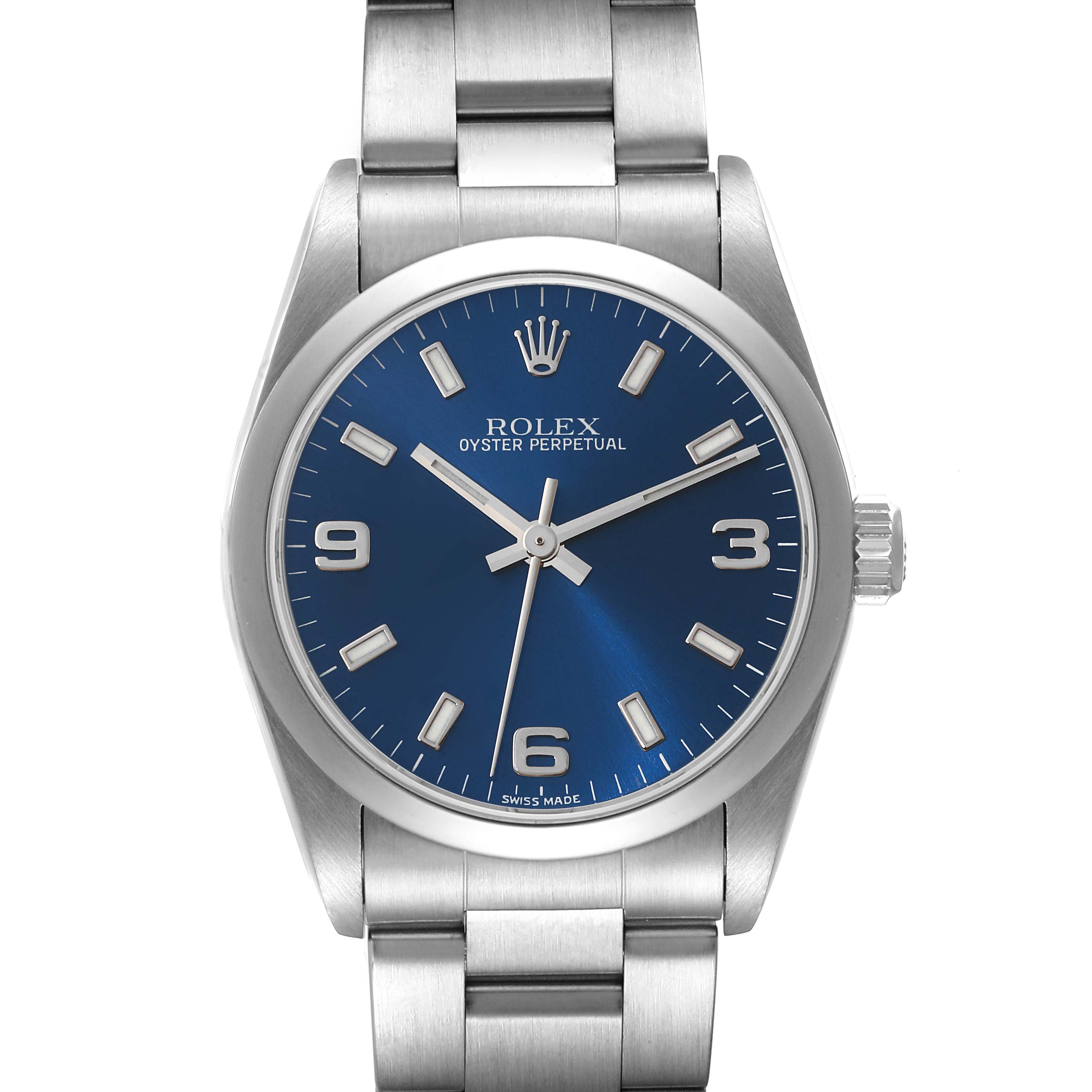 The image shows a front view of a Rolex Oyster Perpetual Mid-Size watch, highlighting the dial, bezel, and bracelet.