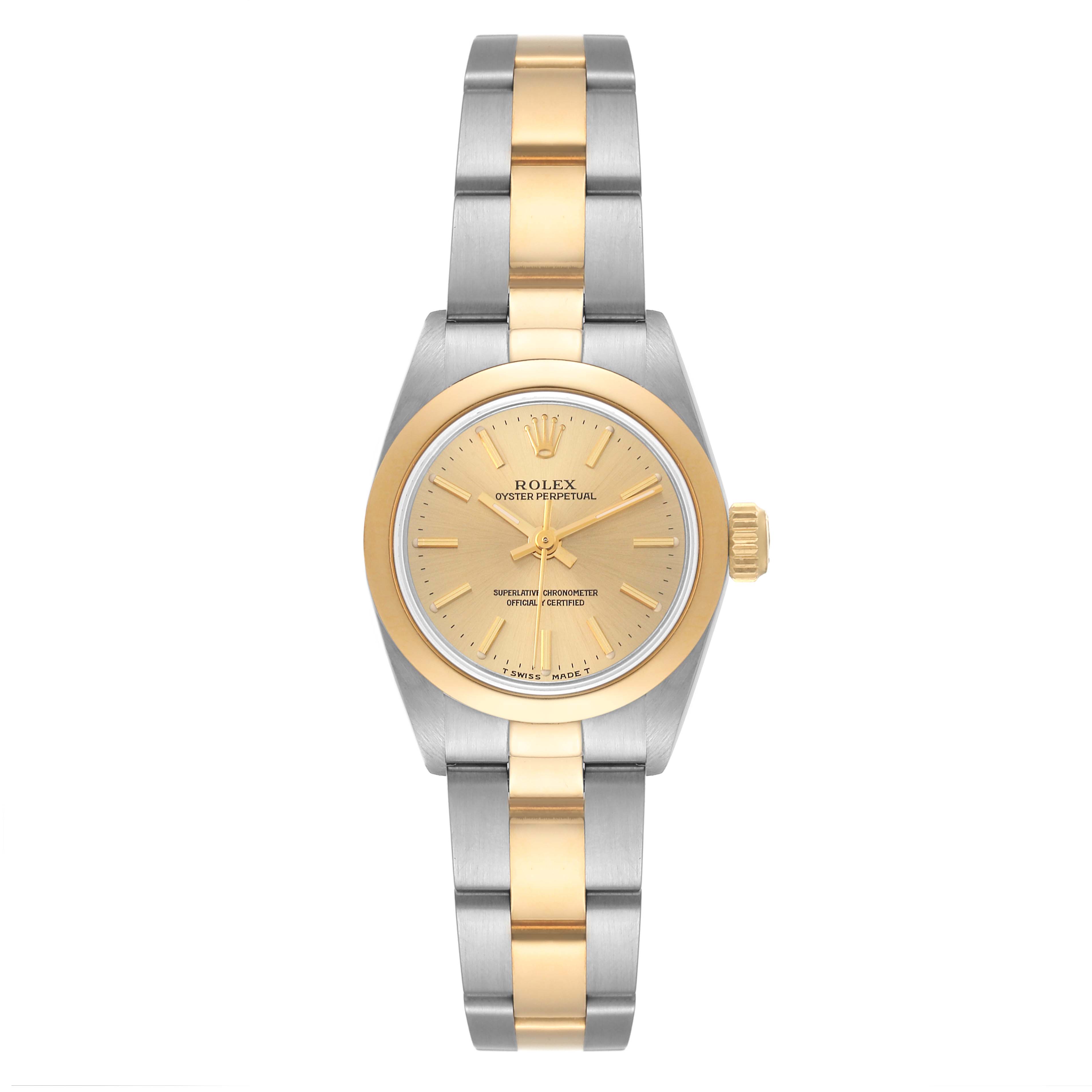 The Rolex Oyster Perpetual 67183 Women's Steel and Gold (two tone) Champagne Dial 67183 Women's Steel and Gold (two tone) Champagne Dial watch is shown from a front angle, displaying the two-tone bracelet, dial, hands, and crown.