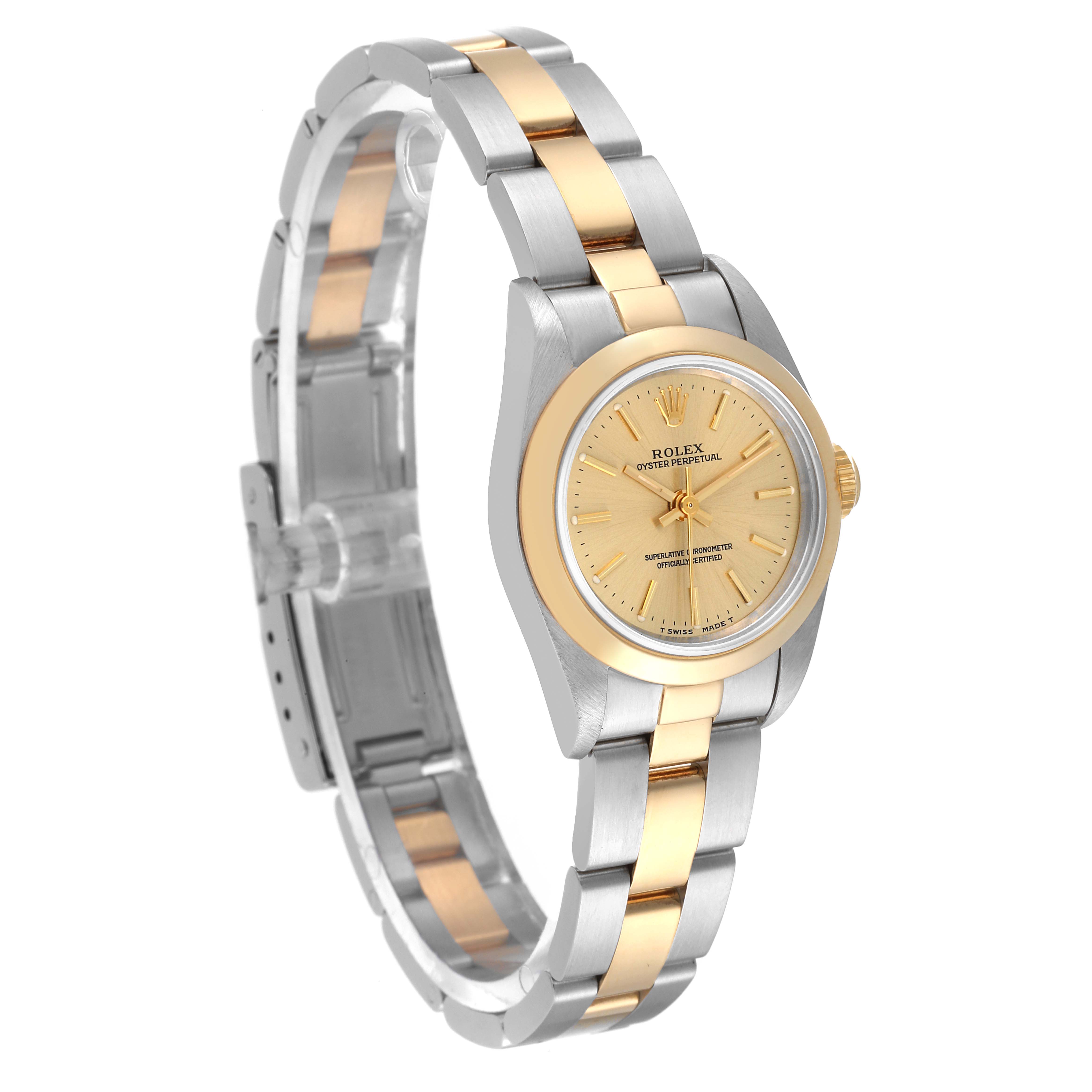 This image shows a side angle view of a Rolex Oyster Perpetual 67183 Women's Steel and Gold (two tone) Champagne Dial 67183 Women's Steel and Gold (two tone) Champagne Dial watch, highlighting its two-tone metal band and dial.