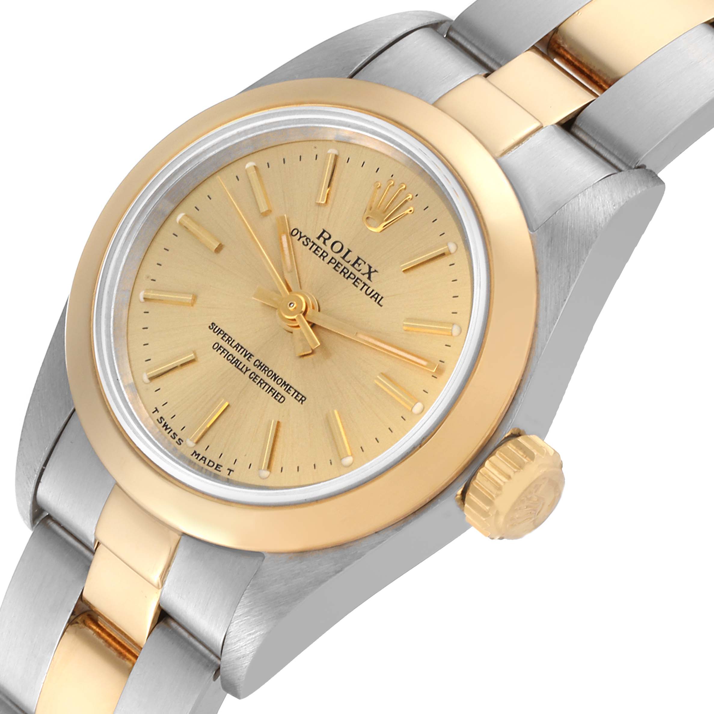 The image shows a Rolex Oyster Perpetual 67183 Women's Steel and Gold (two tone) Champagne Dial 67183 Women's Steel and Gold (two tone) Champagne Dial watch from a tilted angle, highlighting the dial, crown, and part of the bracelet.