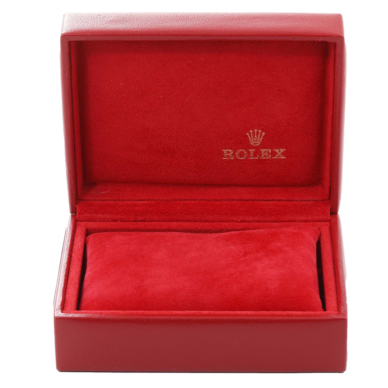 The image shows an open red Rolex box for an Oyster Perpetual model watch.