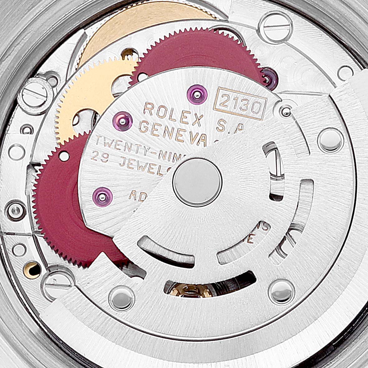 This close-up image shows the intricate movement mechanism of a Rolex Oyster Perpetual 67183 Women's Steel and Gold (two tone) Champagne Dial 67183 Women's Steel and Gold (two tone) Champagne Dial watch.