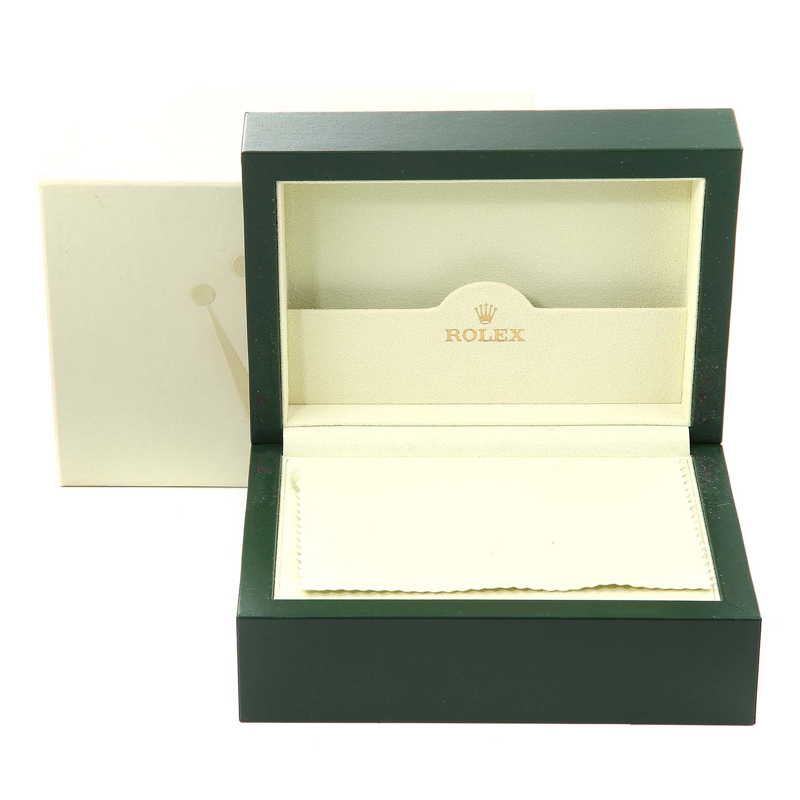 This image shows an empty green Rolex box for the Oyster Perpetual model, with the brand's logo inside.