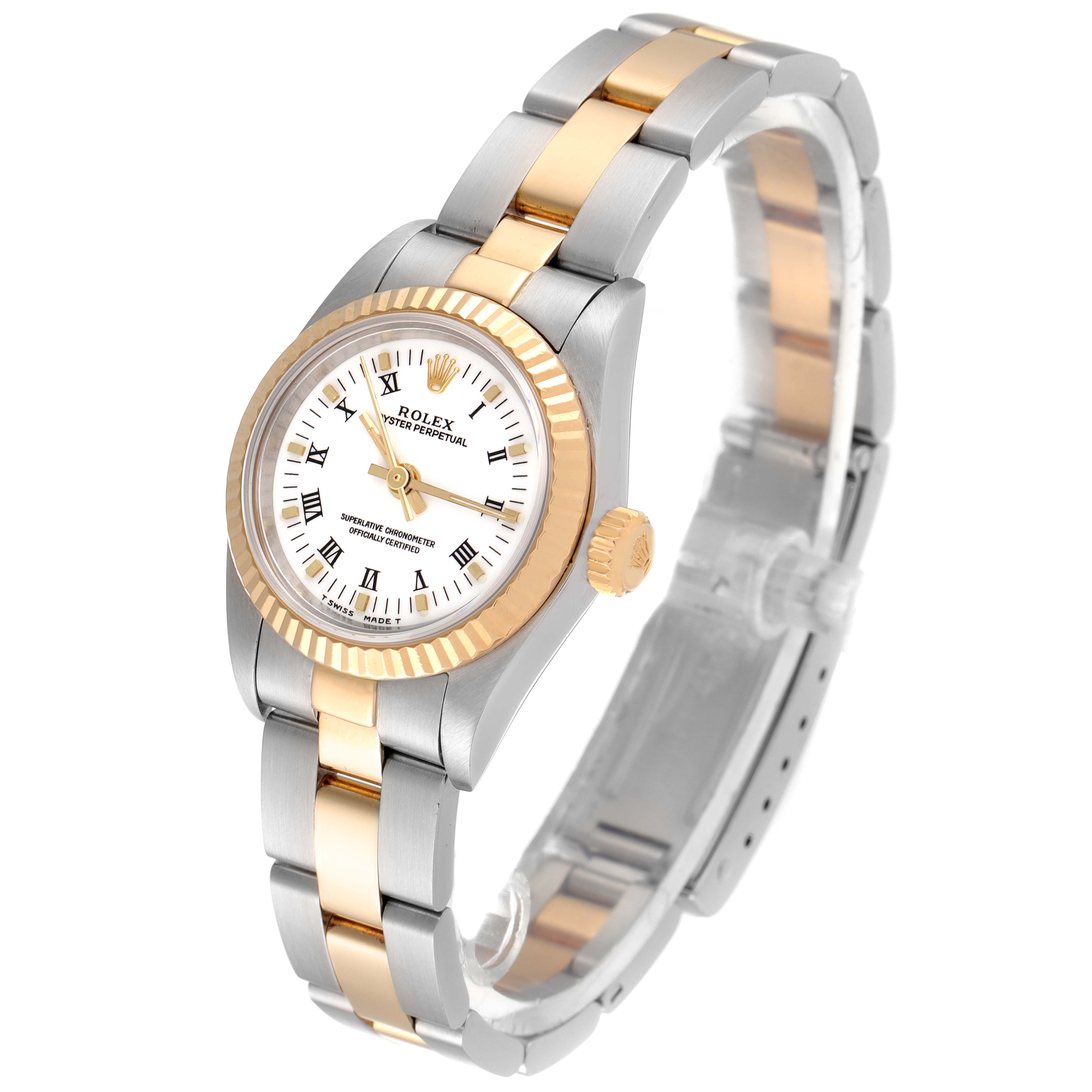 The Rolex Oyster Perpetual 67193 Women's Steel and Gold (two tone) White Dial 67193 Women's Steel and Gold (two tone) White Dial watch is shown at a three-quarter angle, displaying the face, bracelet, and crown.
