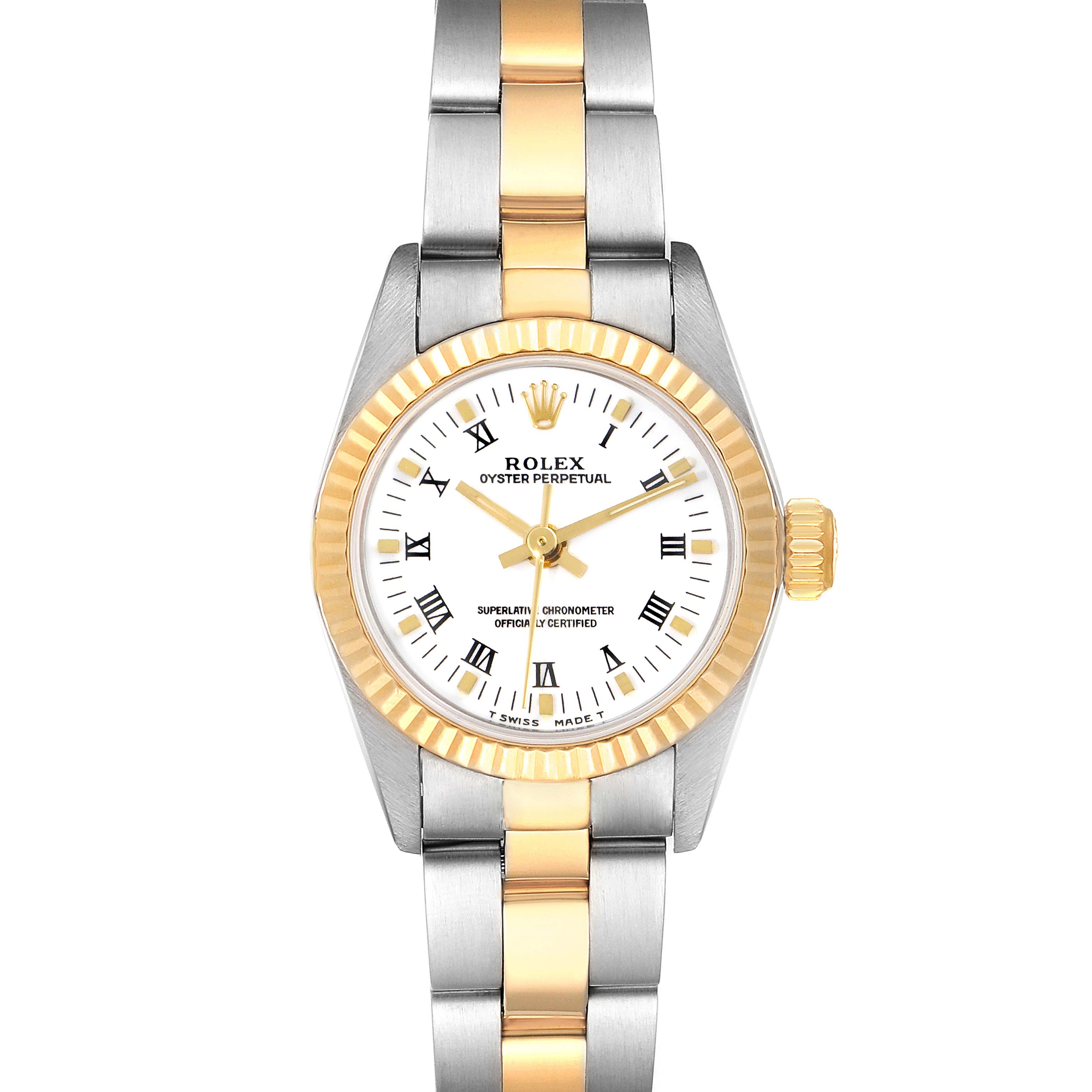 This image shows a frontal view of a Rolex Oyster Perpetual 67193 Women's Steel and Gold (two tone) White Dial 67193 Women's Steel and Gold (two tone) White Dial watch, featuring a two-tone gold and silver bracelet and a white dial with Roman numerals.