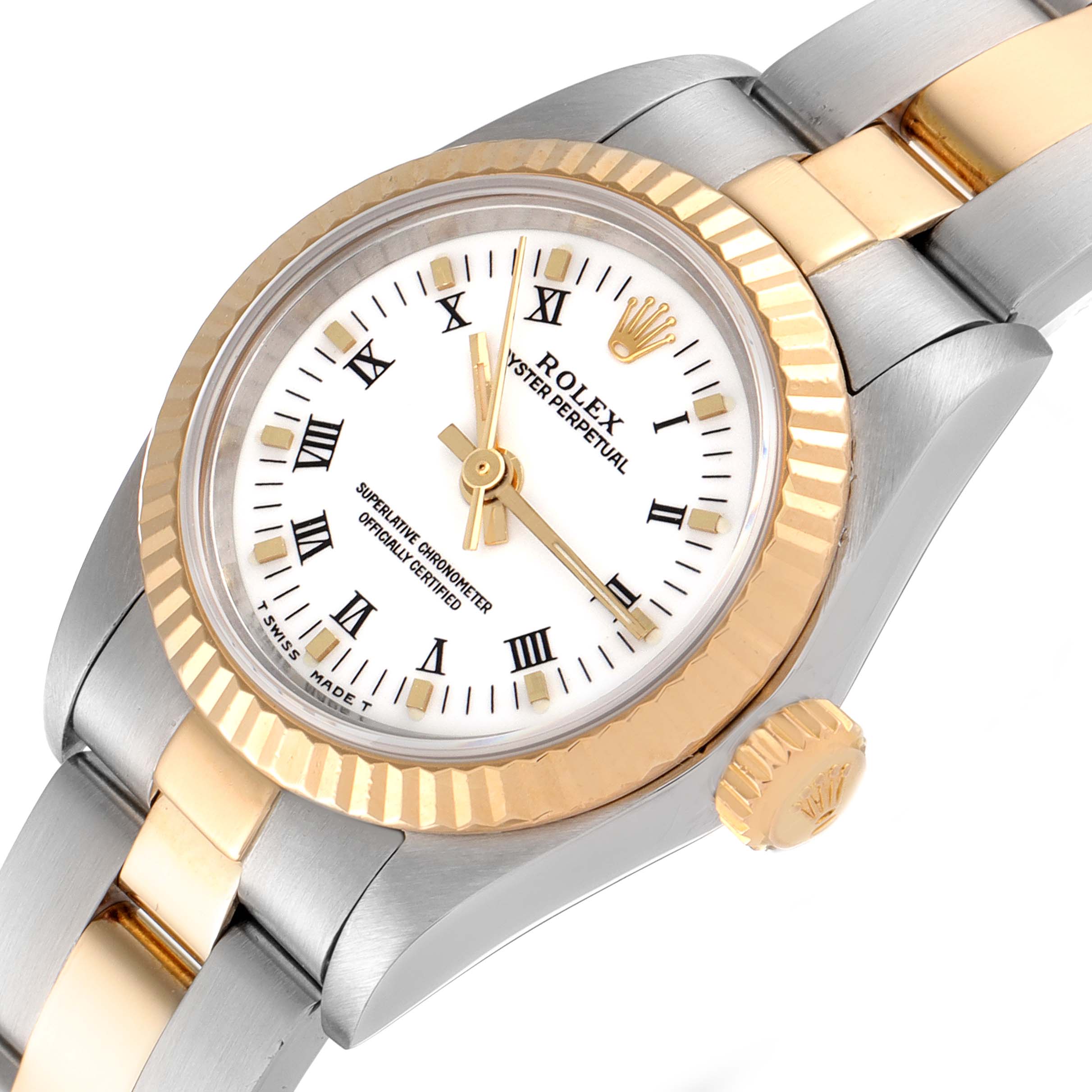 This image shows a close-up angled view of the face, bezel, and part of the bracelet of a Rolex Oyster Perpetual 67193 Women's Steel and Gold (two tone) White Dial 67193 Women's Steel and Gold (two tone) White Dial watch.