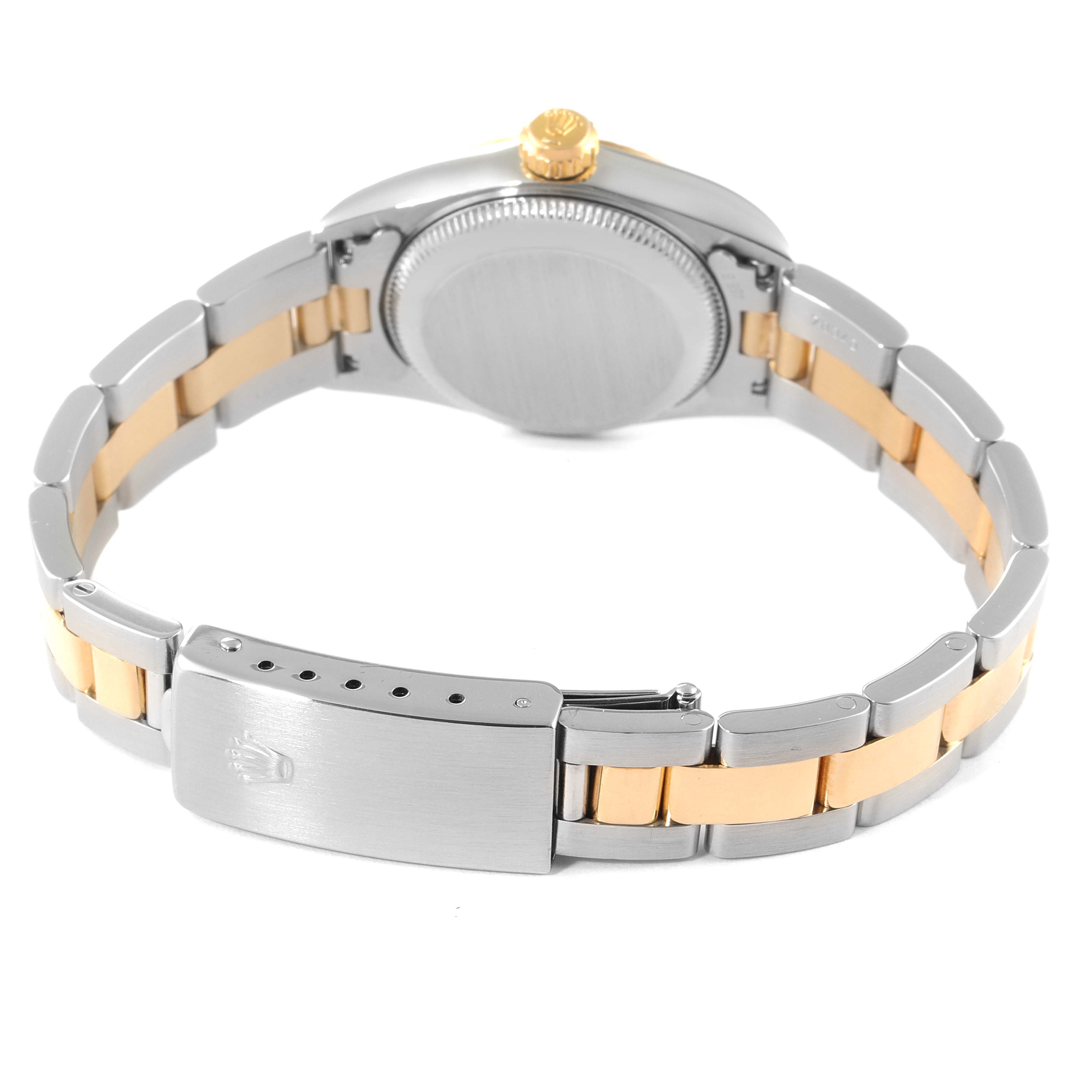 This image shows the back view of a Rolex Oyster Perpetual 67193 Women's Steel and Gold (two tone) White Dial 67193 Women's Steel and Gold (two tone) White Dial watch, highlighting its two-tone bracelet and clasp.