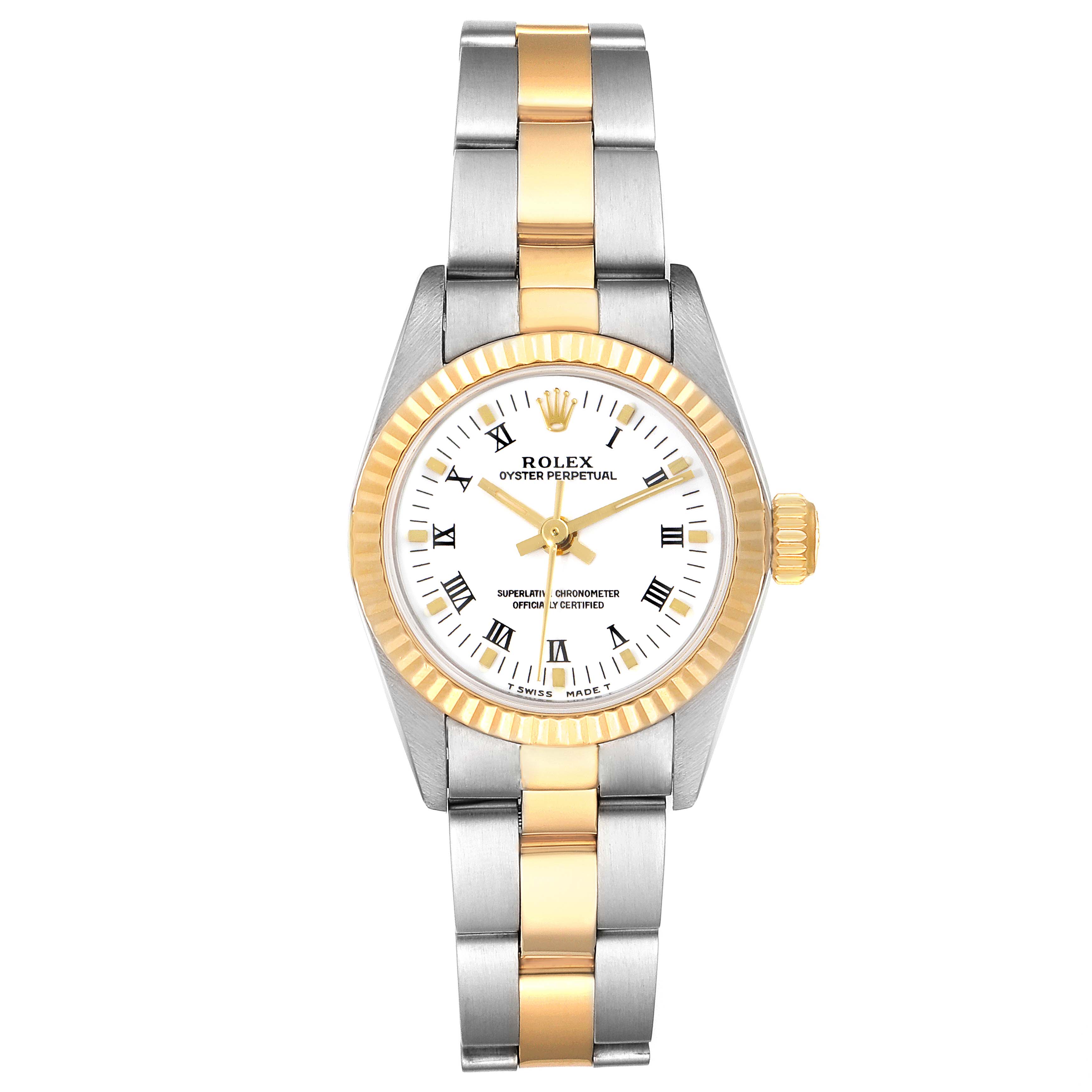 The image shows a front view of a Rolex Oyster Perpetual 67193 Women's Steel and Gold (two tone) White Dial 67193 Women's Steel and Gold (two tone) White Dial watch with a two-tone metal band and fluted bezel.