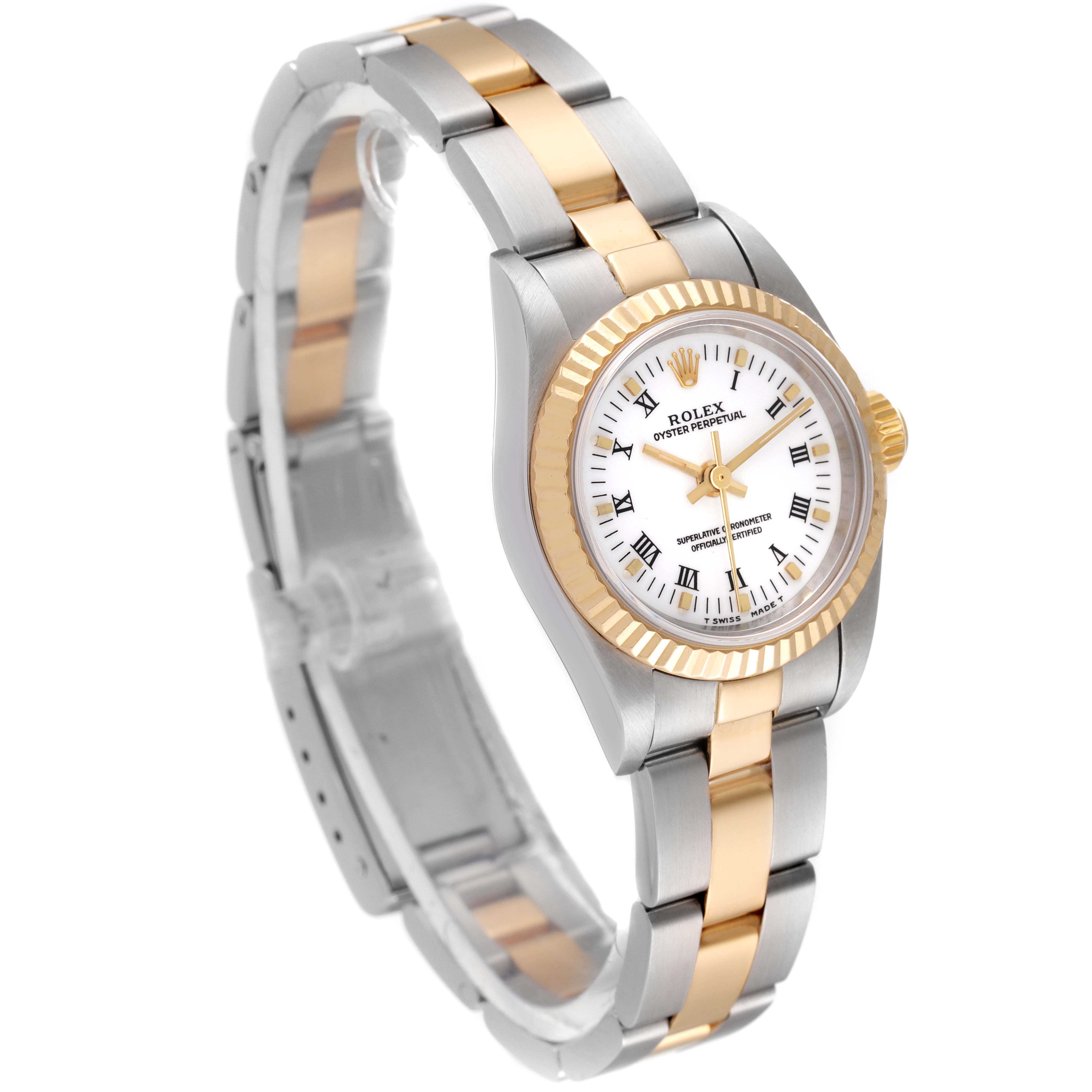 This image shows a side and front view of a Rolex Oyster Perpetual 67193 Women's Steel and Gold (two tone) White Dial 67193 Women's Steel and Gold (two tone) White Dial model, featuring a two-tone bracelet and bezel.