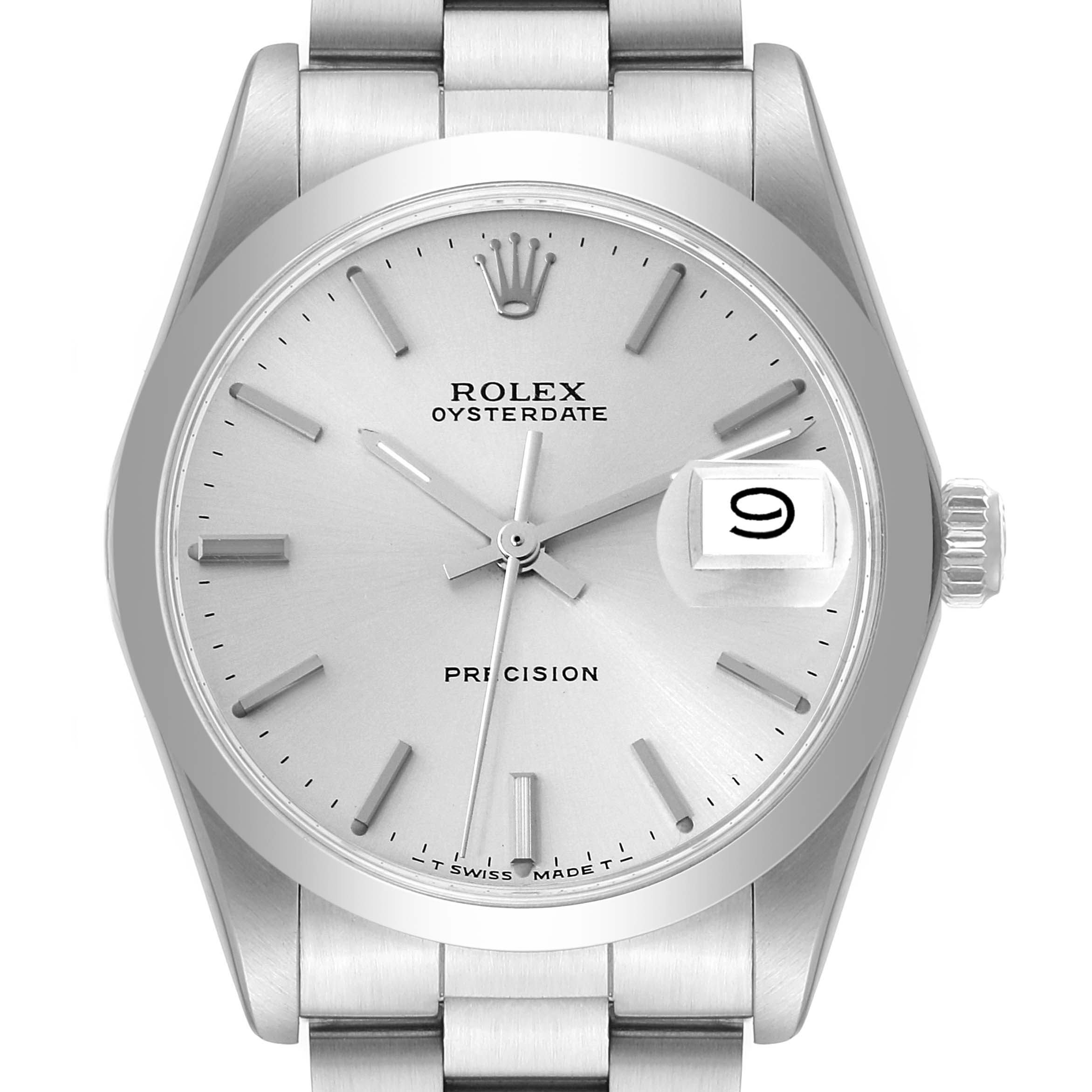 The image shows the face and part of the bracelet of a Rolex Vintage Collection 6694 Men
s Stainless Steel Silver Dial 6694 Men
s Stainless Steel Silver Dial Oysterdate Precision watch.