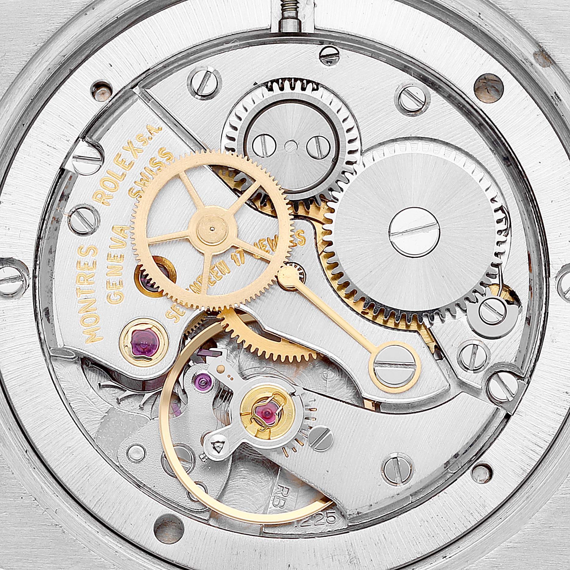 The image shows the internal mechanical movement components of the Rolex Vintage Collection 6694 Men
s Stainless Steel Silver Dial 6694 Men
s Stainless Steel Silver Dial watch from a top-down angle.