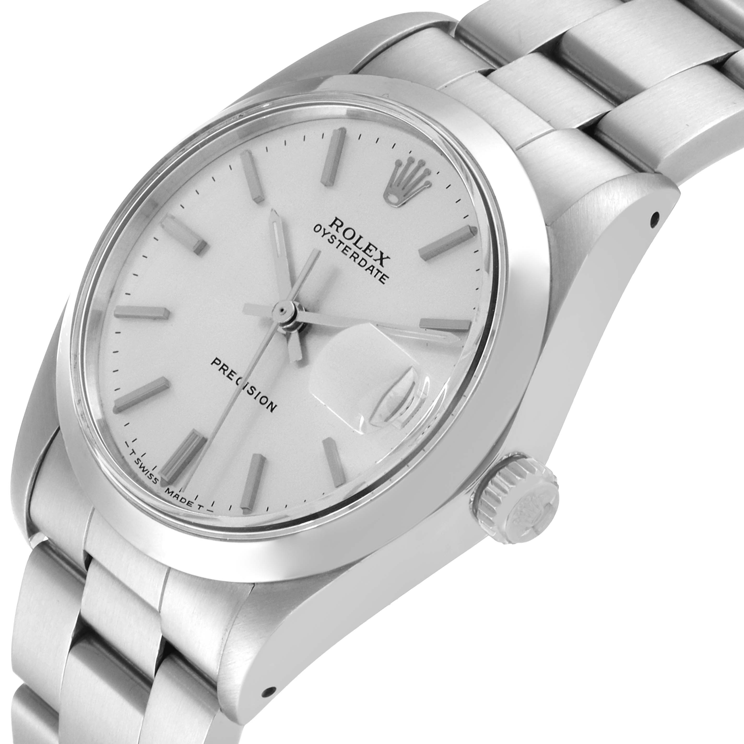 The image shows a Rolex Vintage Collection 6694 Men
s Stainless Steel Silver Dial 6694 Men
s Stainless Steel Silver Dial Oysterdate model from an angled view highlighting the face, bezel, and crown.