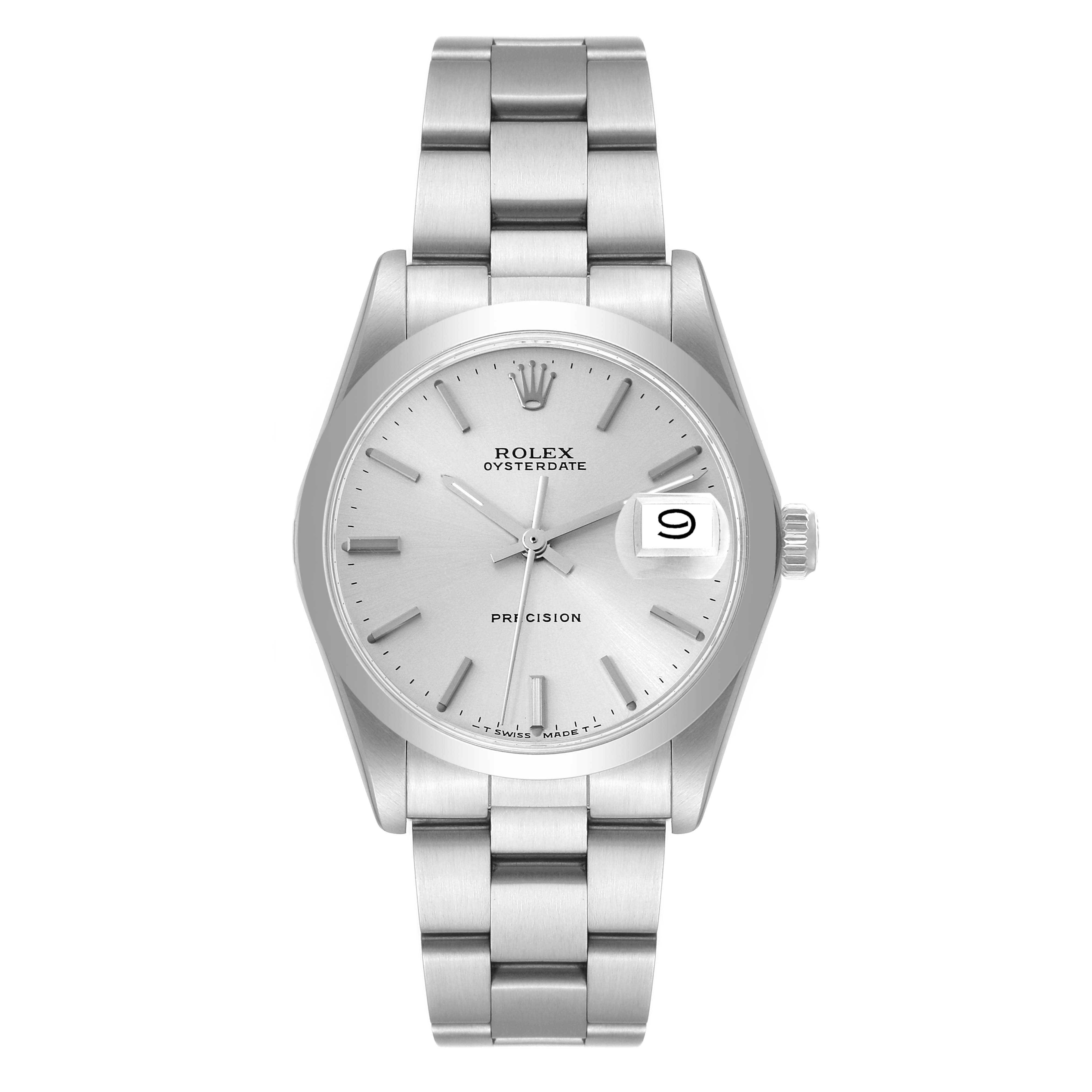 The image shows a front view of the Vintage Collection Rolex Oysterdate Precision watch, displaying its dial, bracelet, and date feature.