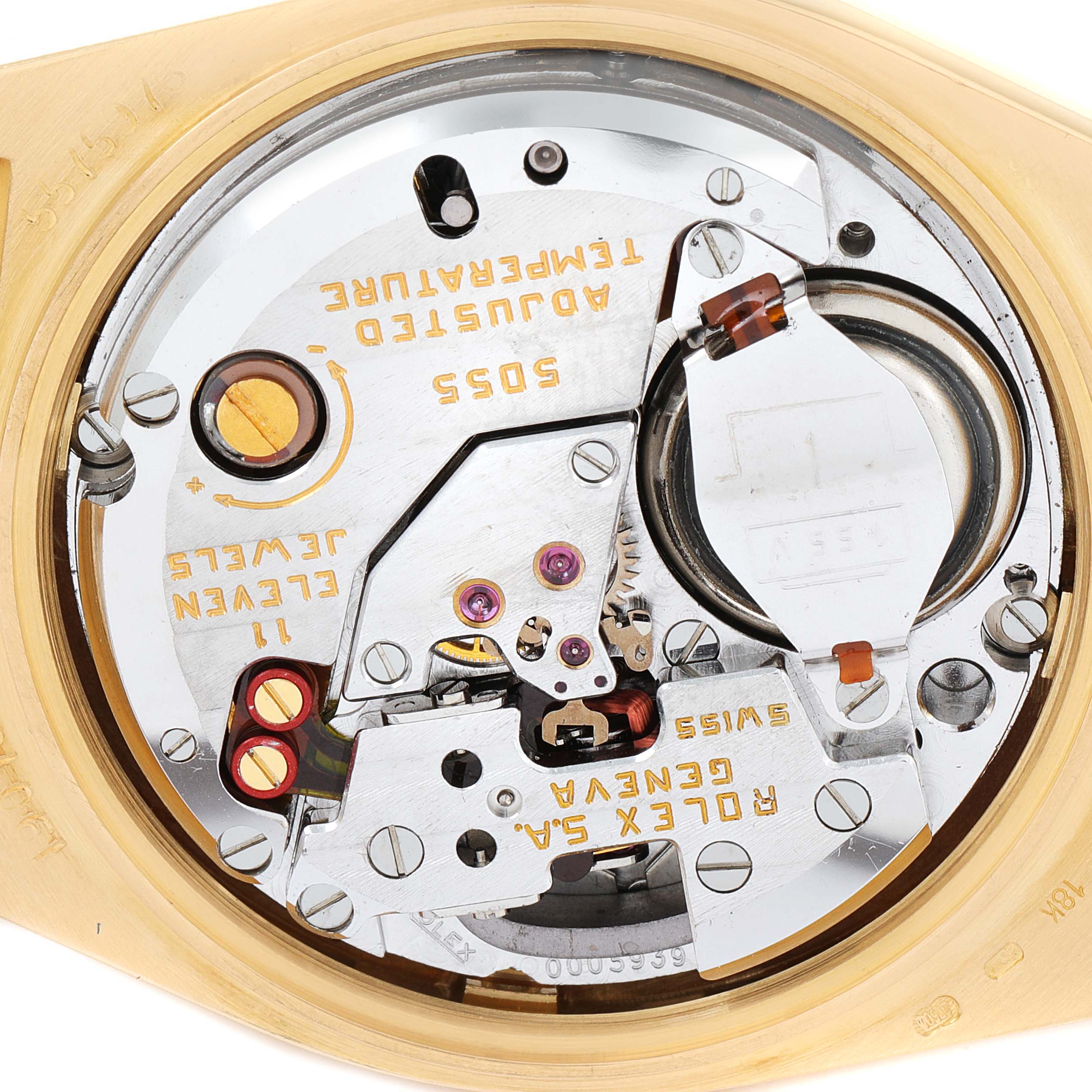 This image shows the internal mechanics and movement of a Rolex Oysterquartz 19018 Men
s Yellow Gold Champagne Dial 19018 Men
s Yellow Gold Champagne Dial watch viewed from the back.