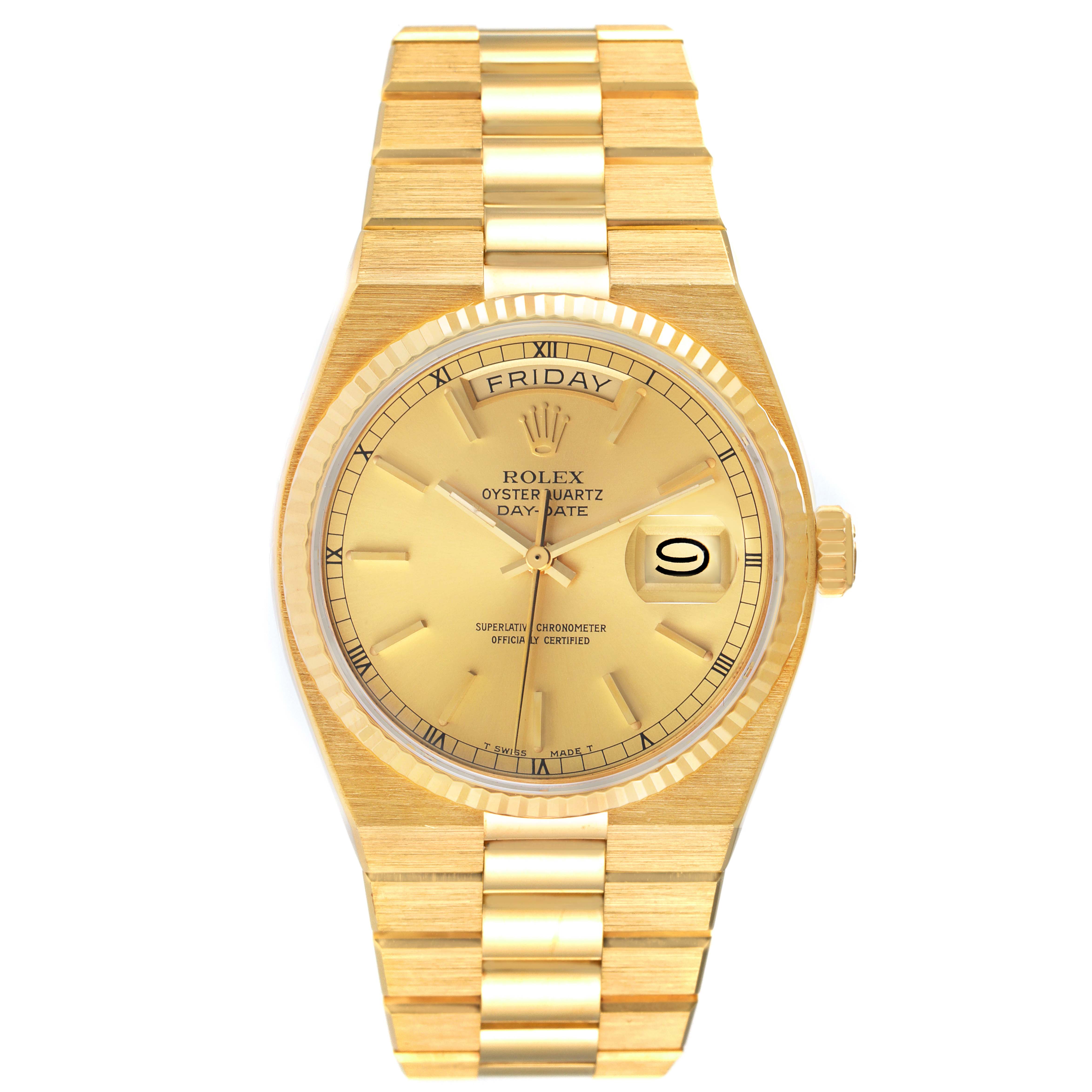 The image shows a front view of the Rolex Oysterquartz 19018 Men
s Yellow Gold Champagne Dial 19018 Men
s Yellow Gold Champagne Dial Day-Date, displaying the watch face, bezel, and bracelet.