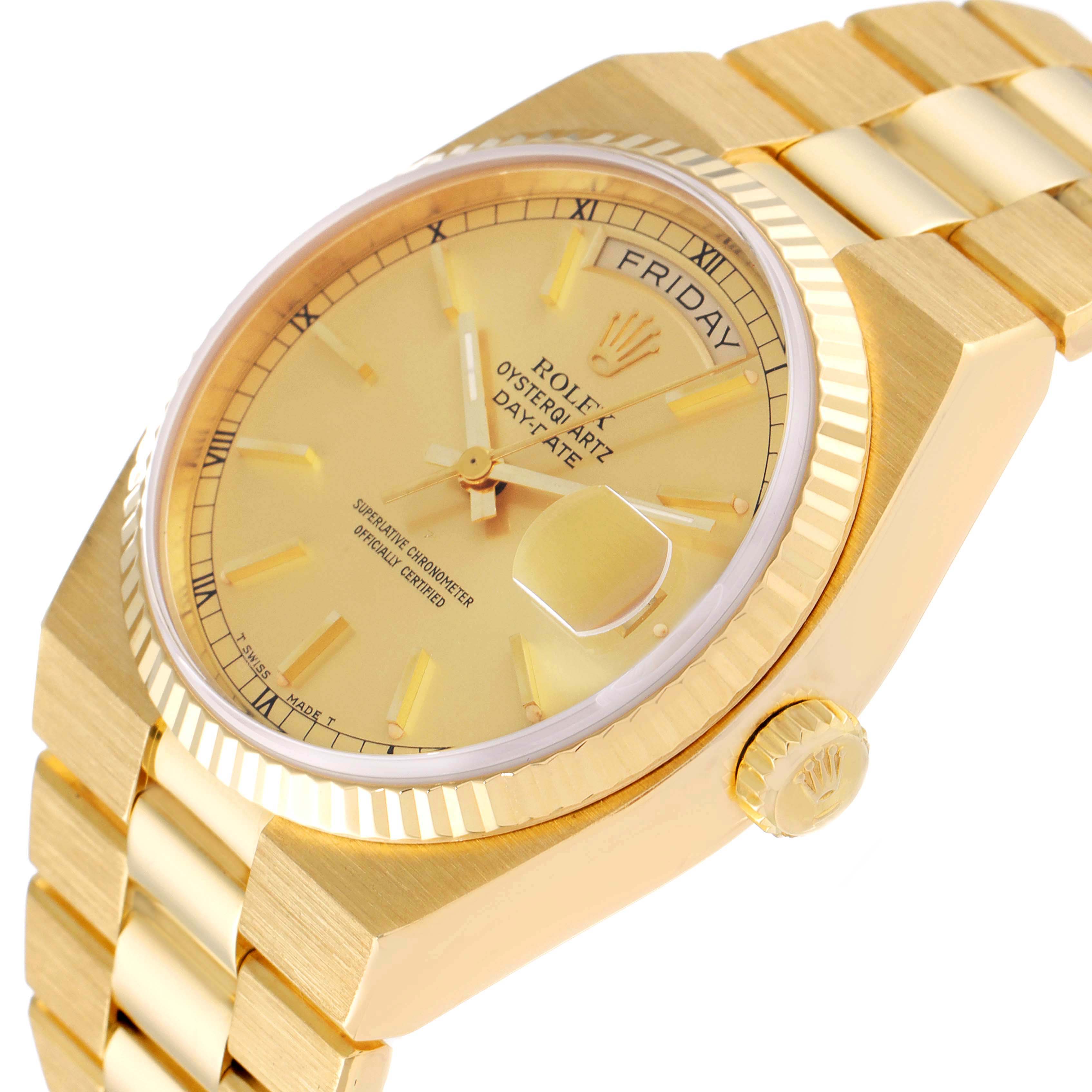 The image shows a close-up angle of the Rolex Oysterquartz 19018 Men
s Yellow Gold Champagne Dial 19018 Men
s Yellow Gold Champagne Dial watch, highlighting the dial, bezel, and part of the bracelet.