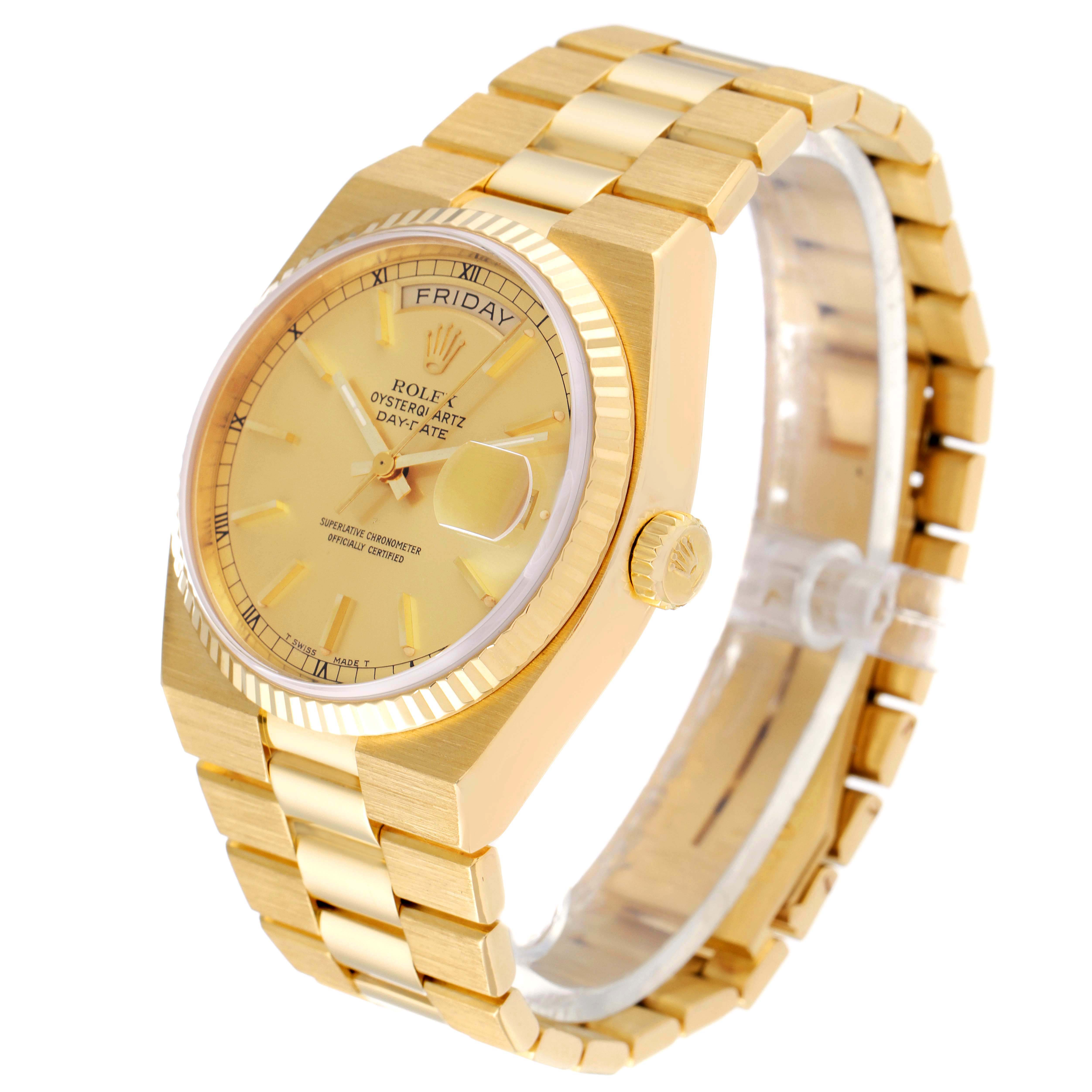 The Rolex Oysterquartz 19018 Men
s Yellow Gold Champagne Dial 19018 Men
s Yellow Gold Champagne Dial watch is shown at a three-quarter angle highlighting its gold case, bracelet, and the day-date dial.